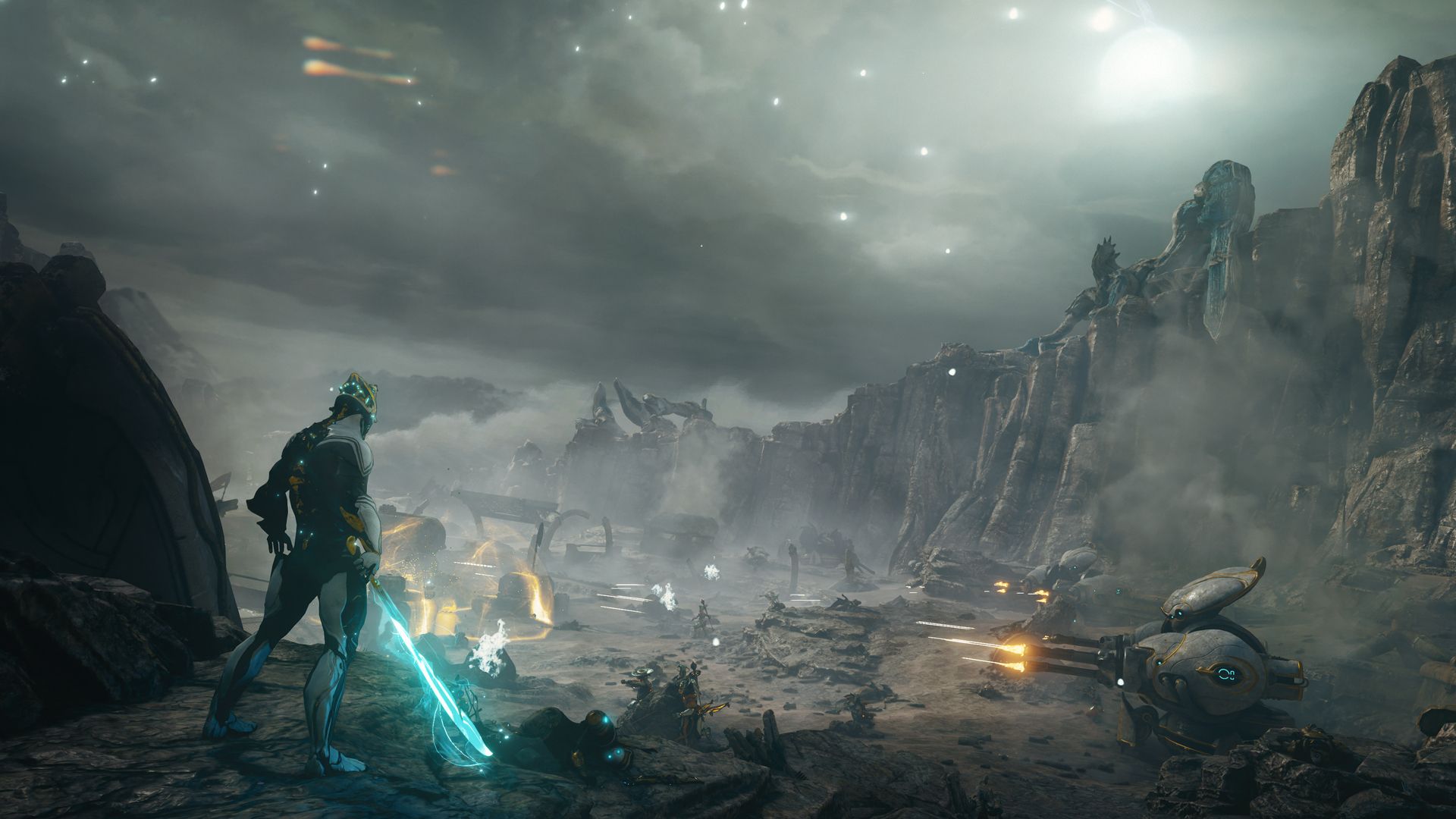Excalibur Prime standing on a battlefield in Warframe.