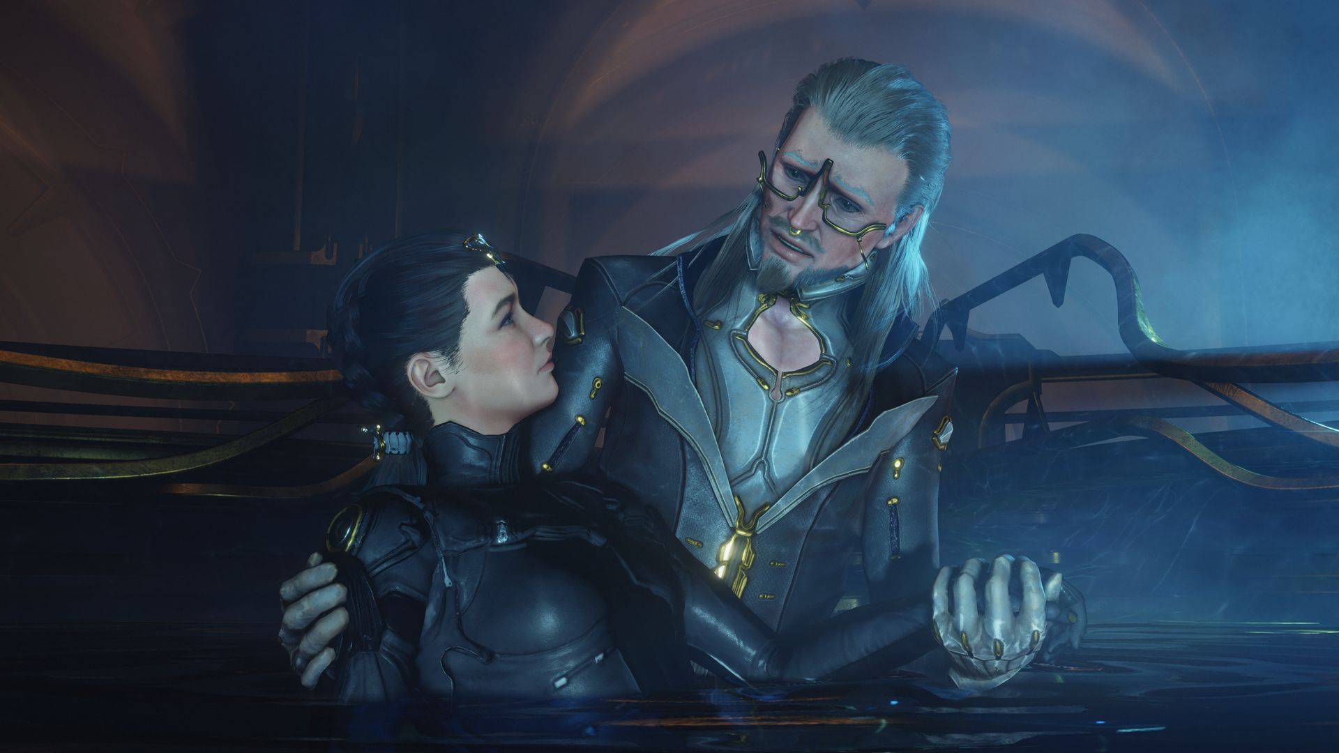 Loid holding the Operator in his arms in Warframe.