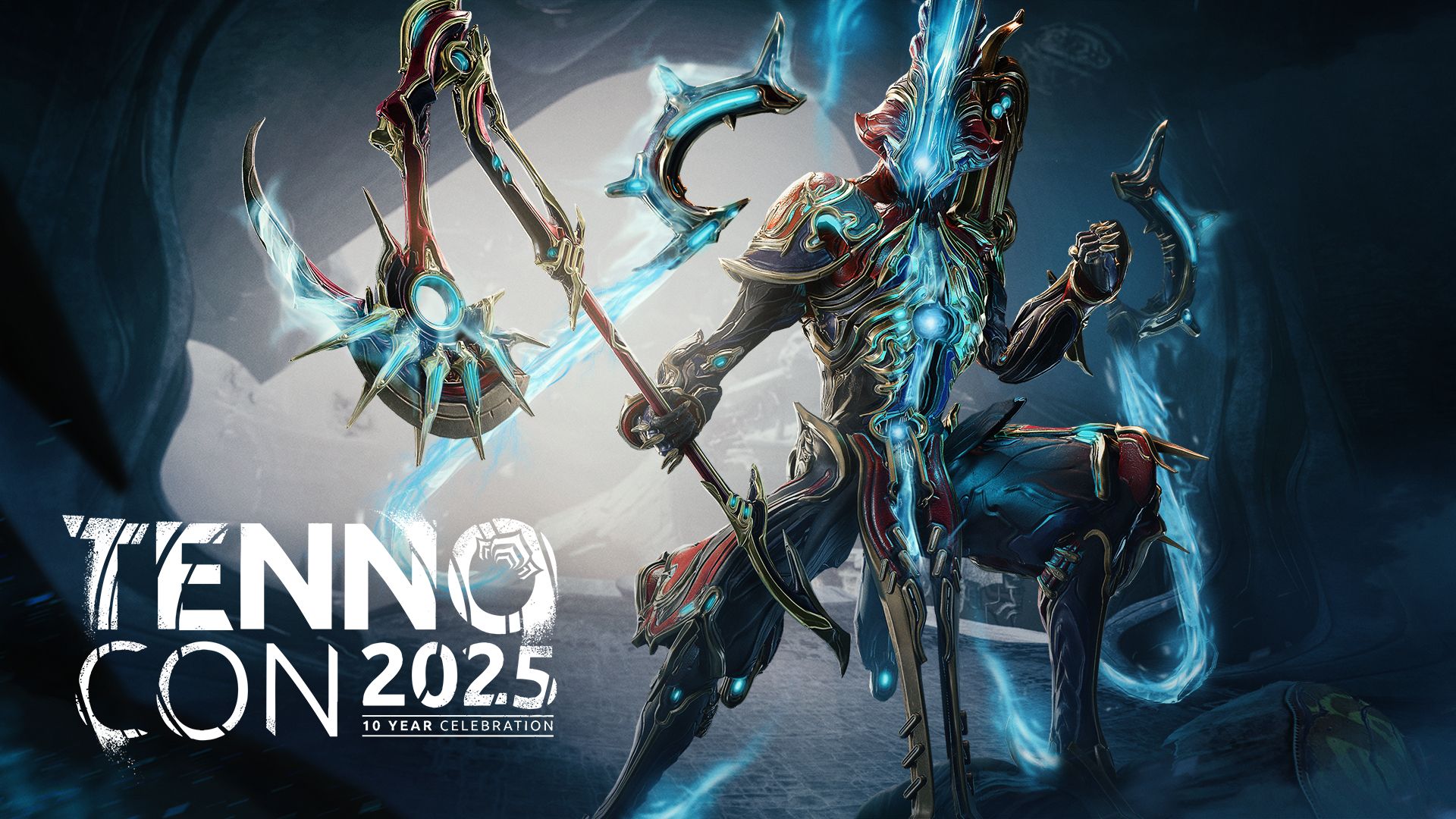 Caliban Prime posing with the Tennocon 2025 logo in Warframe.