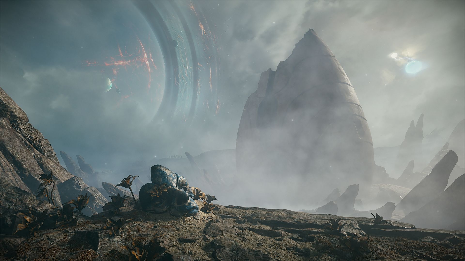 Adis' mask laying on the ground in Tau, in Warframe.