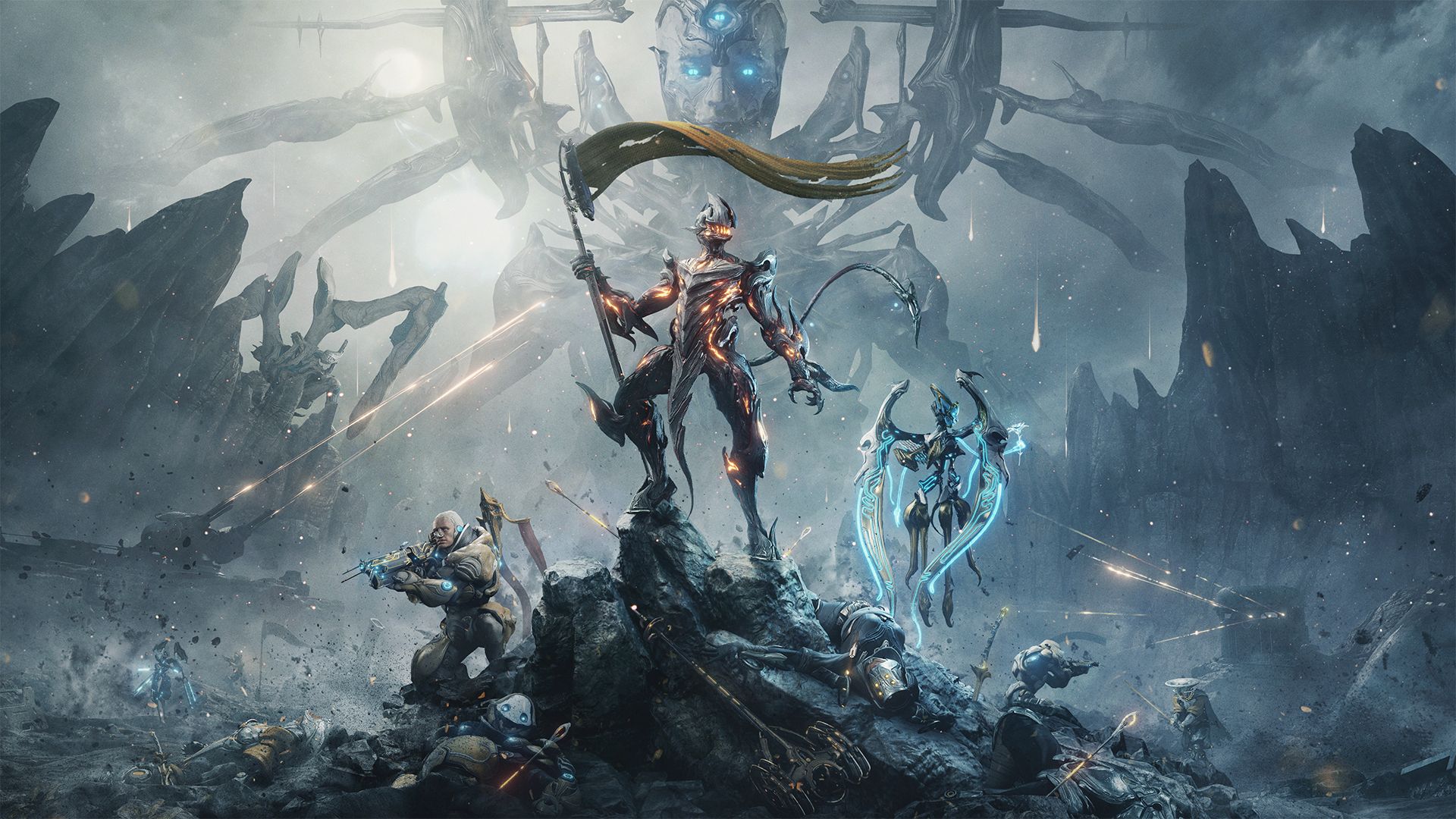 A grineer general, Uriel, and Adis standing together in Warframe.