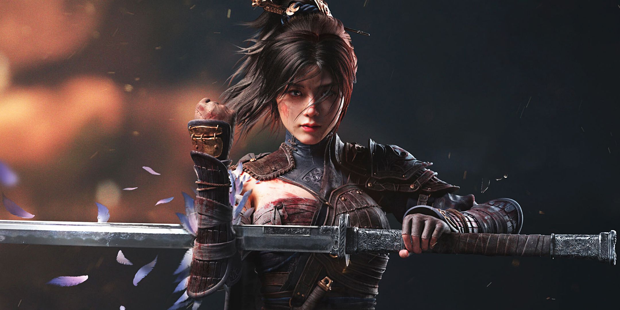 Woman in Wuchang Fallen Feathers placing her sword against her arm.