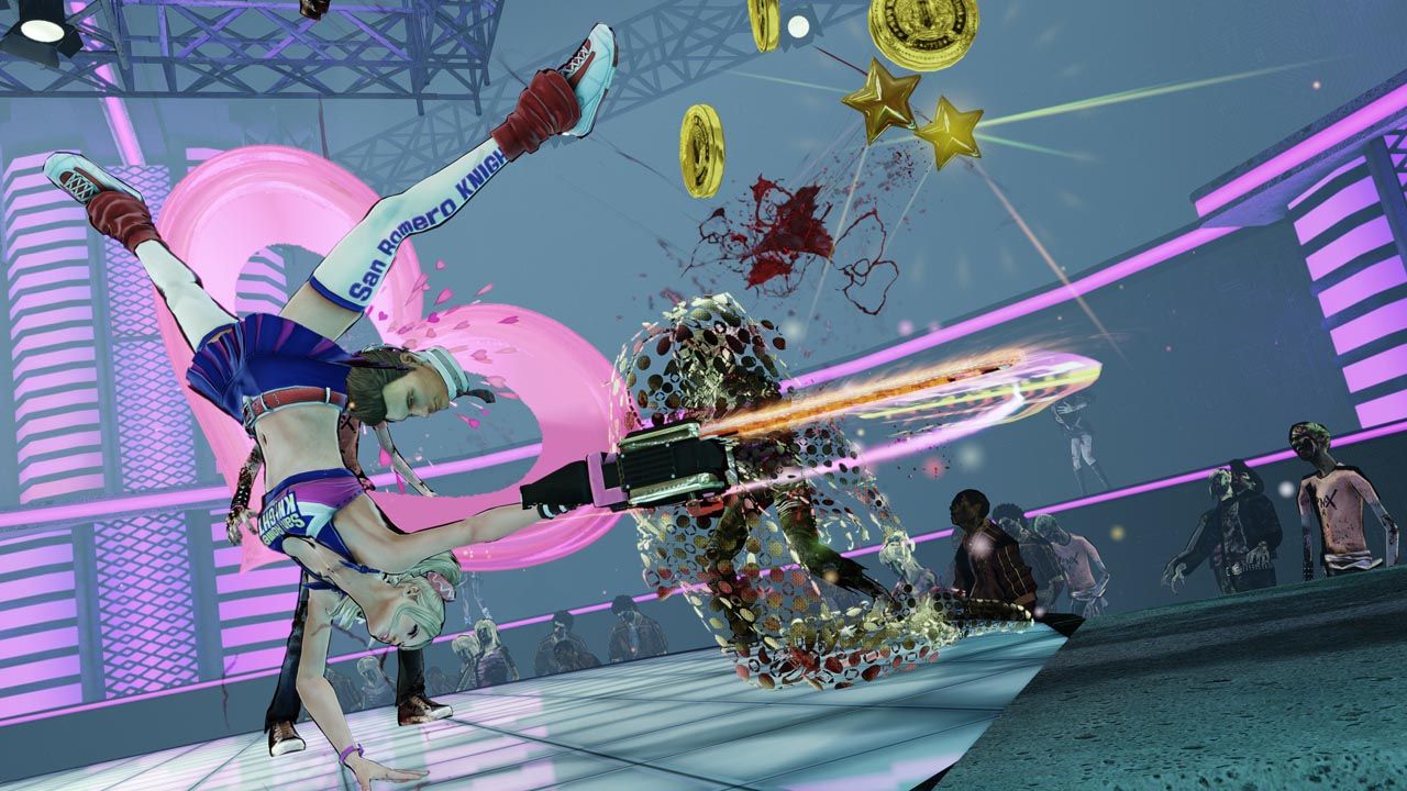 Juliet Starling does a backflip while killing zombies in Lollipop Chainsaw. 