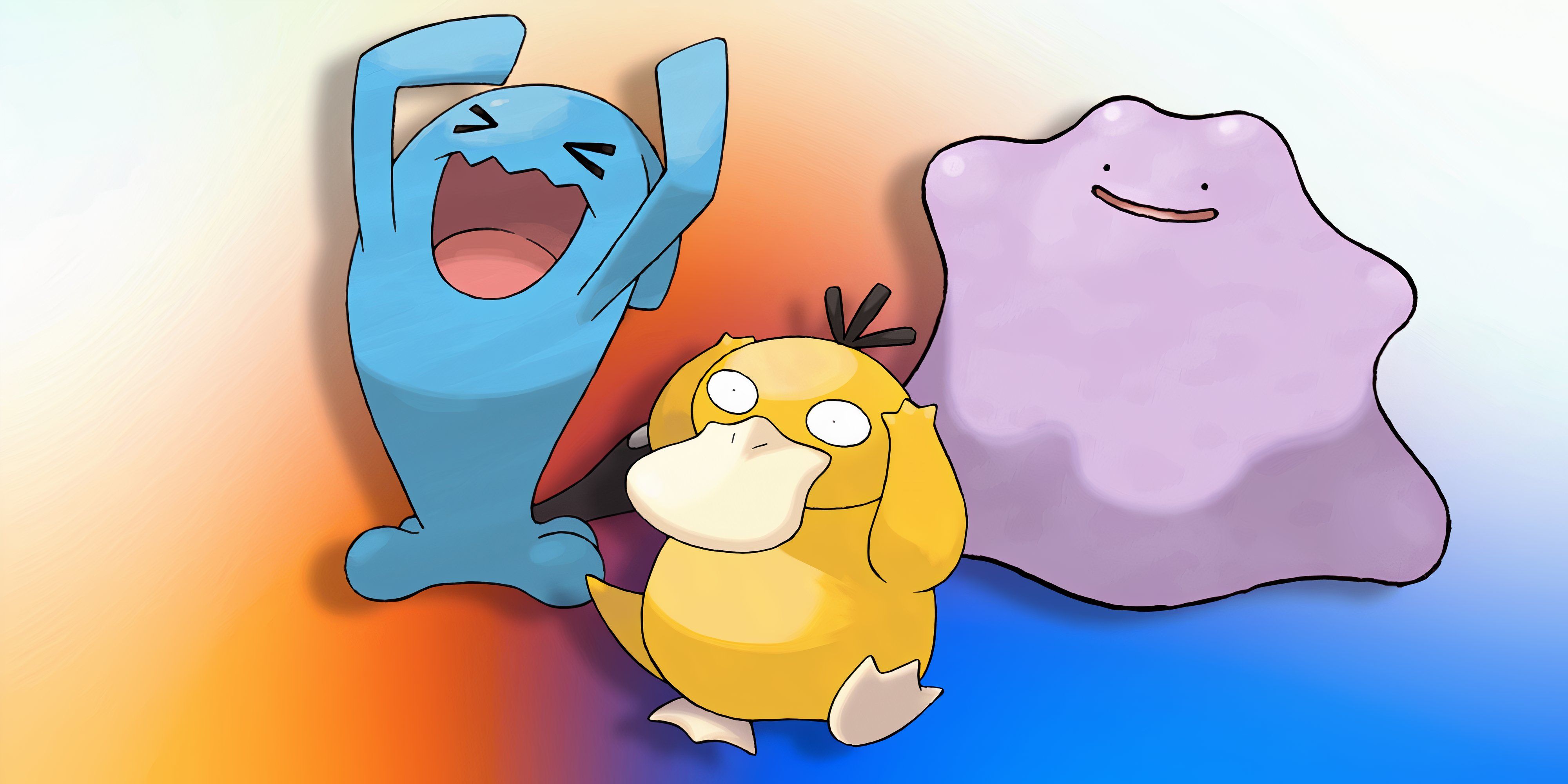 Three Pokemon on a multicolor background: Wobbuffet, Ditto, and Psyduck from Pokemon.