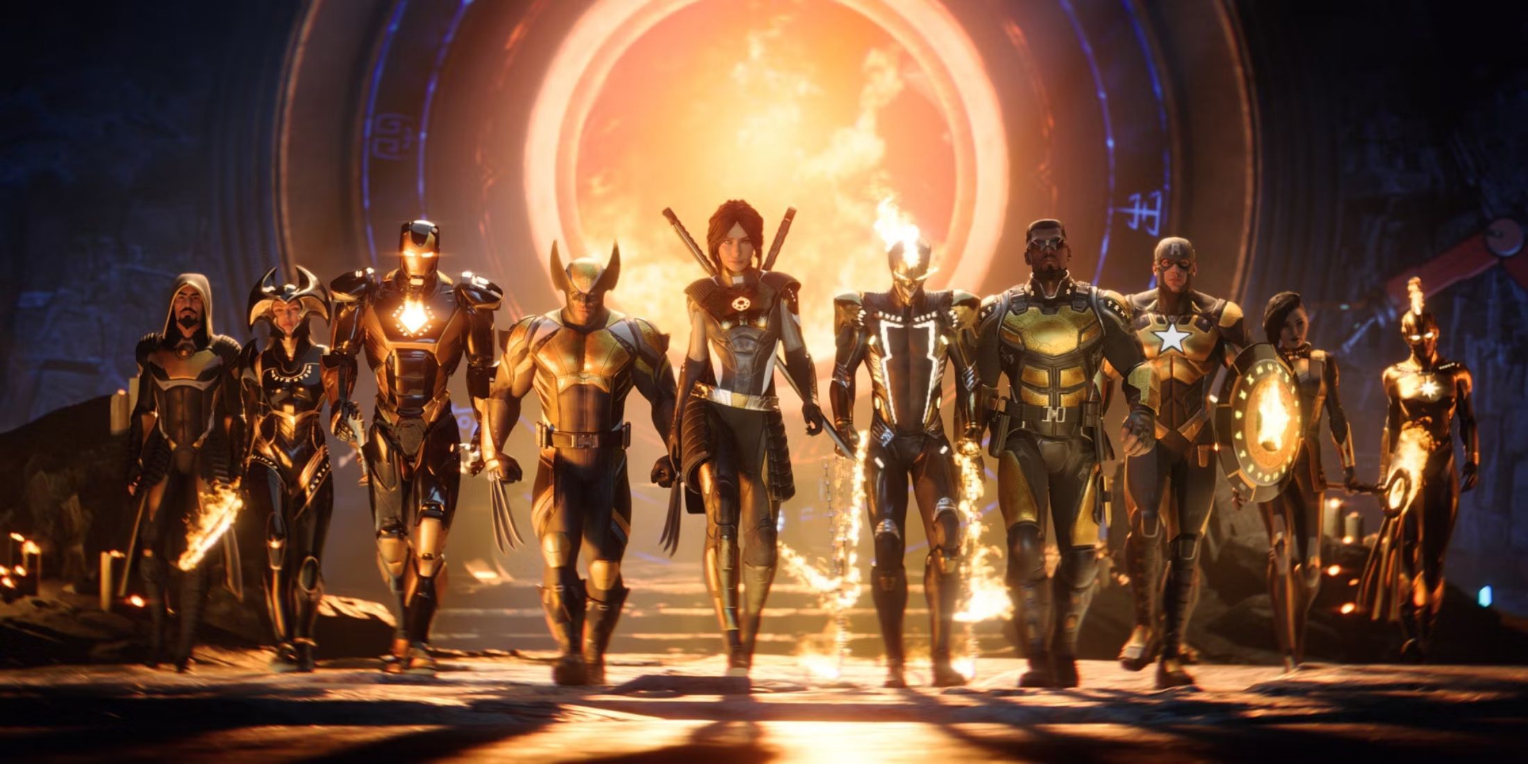 The heroes in their Midnight Sun armor in Marvel's Midnight Suns.
