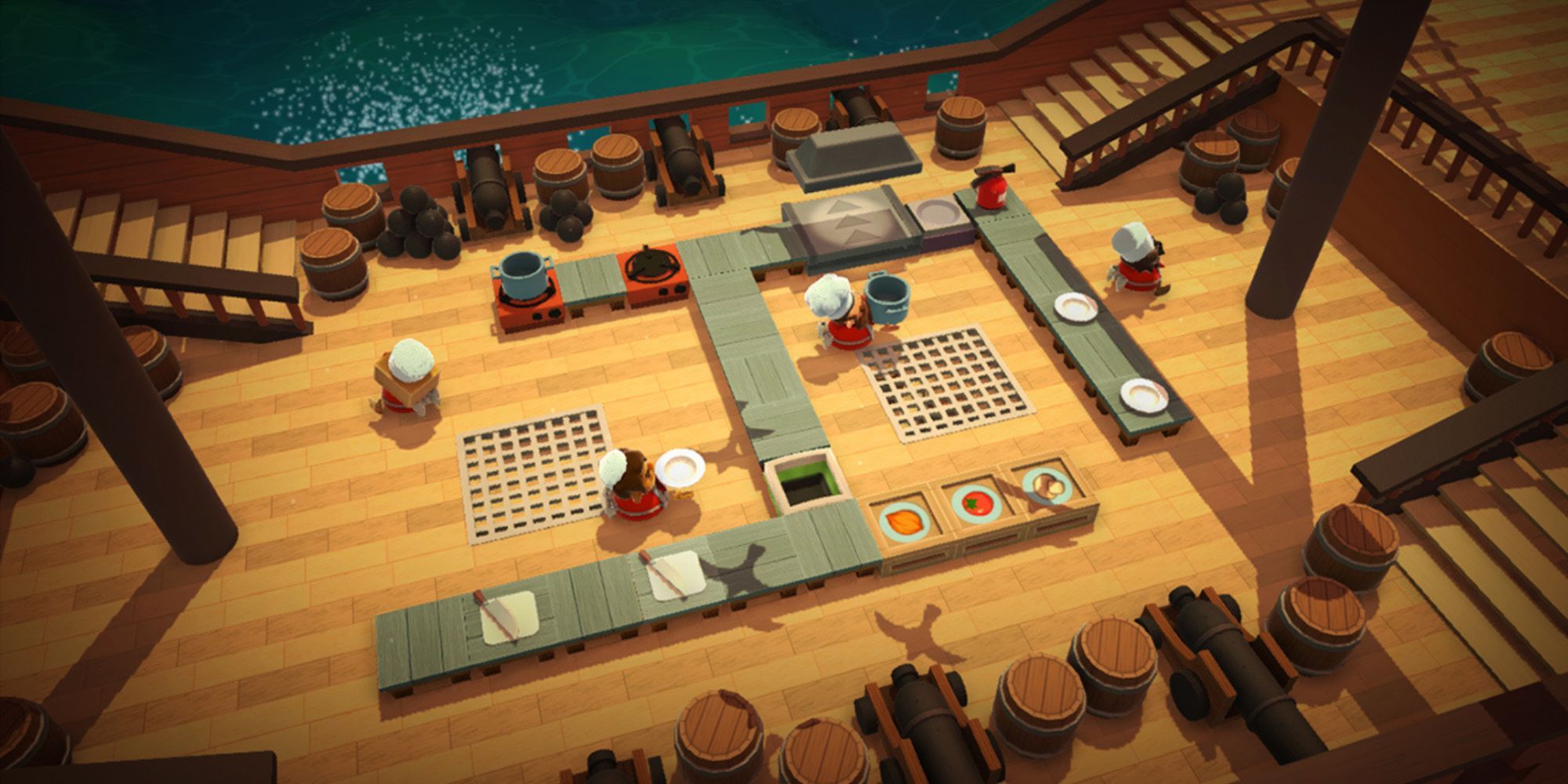 Multiple chefs working in a kitchen in Overcooked.