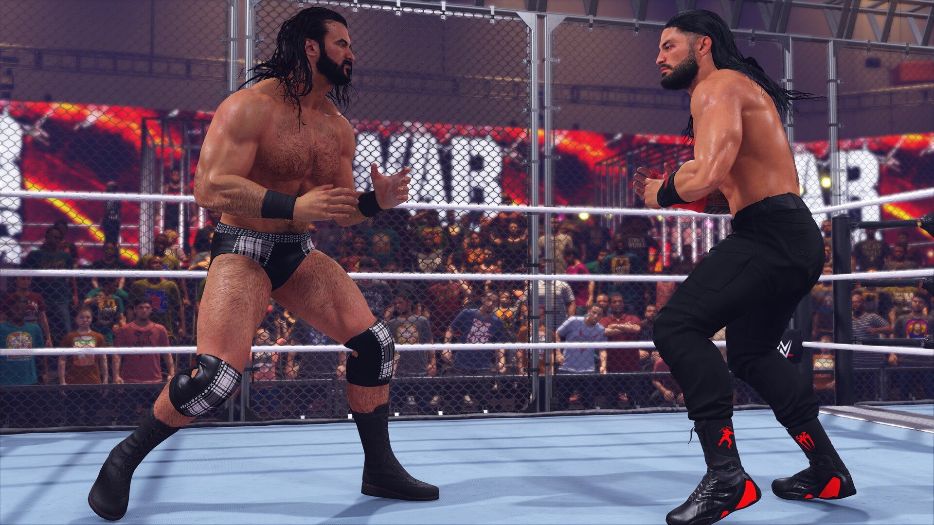 An image from WWE 2K23 of Drew McIntrye fighting Roman Reigns inside War Games.