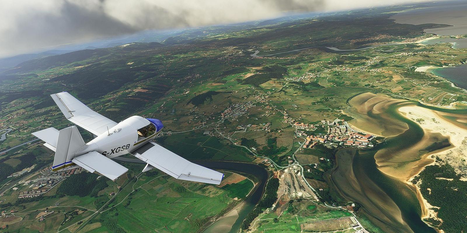 a small aircraft flies over farmland in microsoft flight simulator 2020