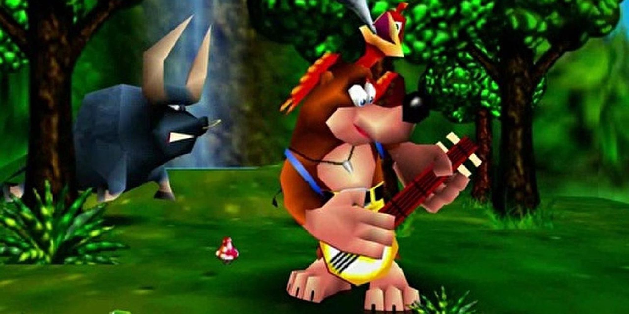 Banjo playing his banjo while Kazooie plays her horn in the intro to Banjo-Kazooie.