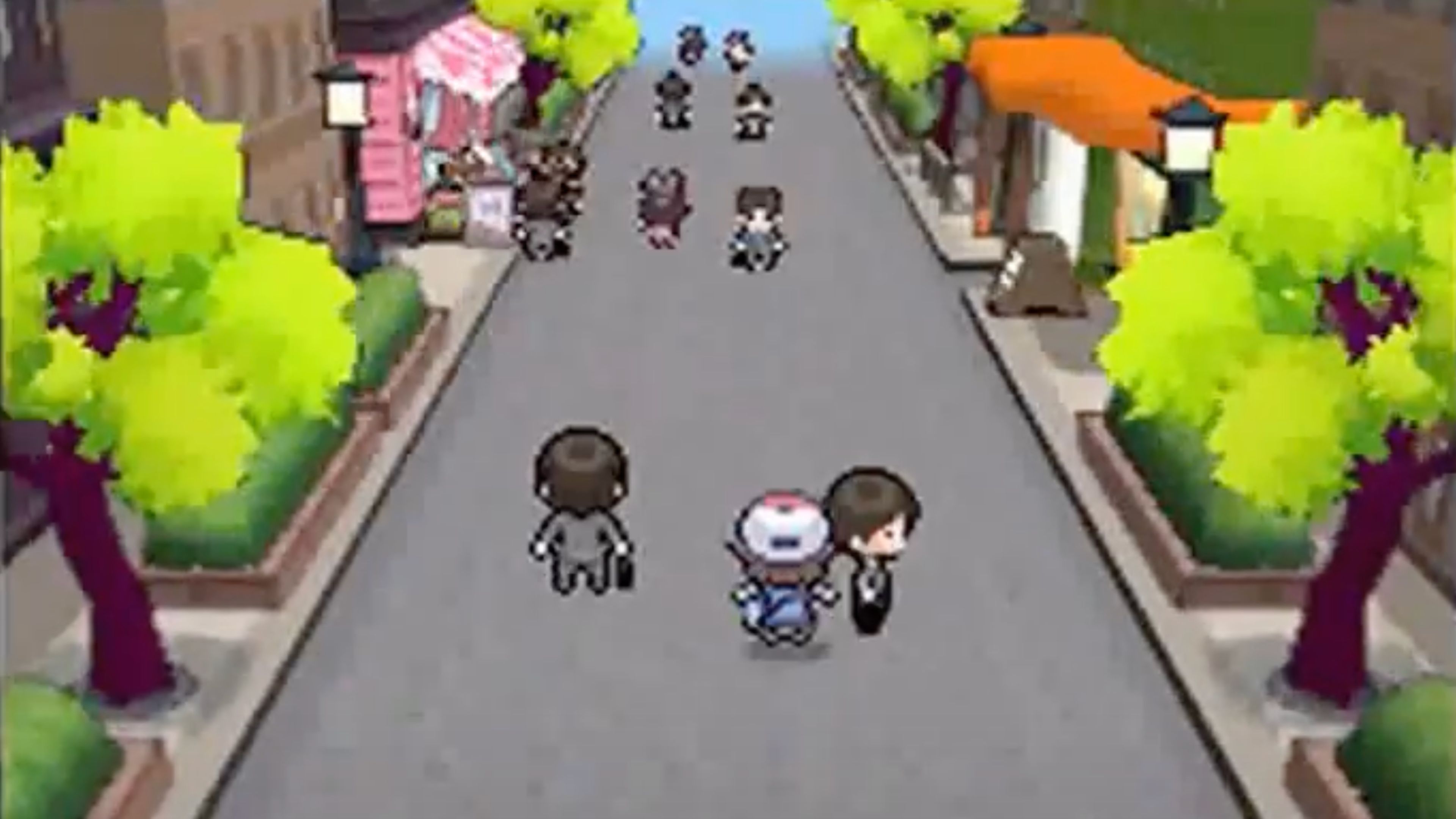 An isometric view of a street in Pokemon Black, with some pedestrians.