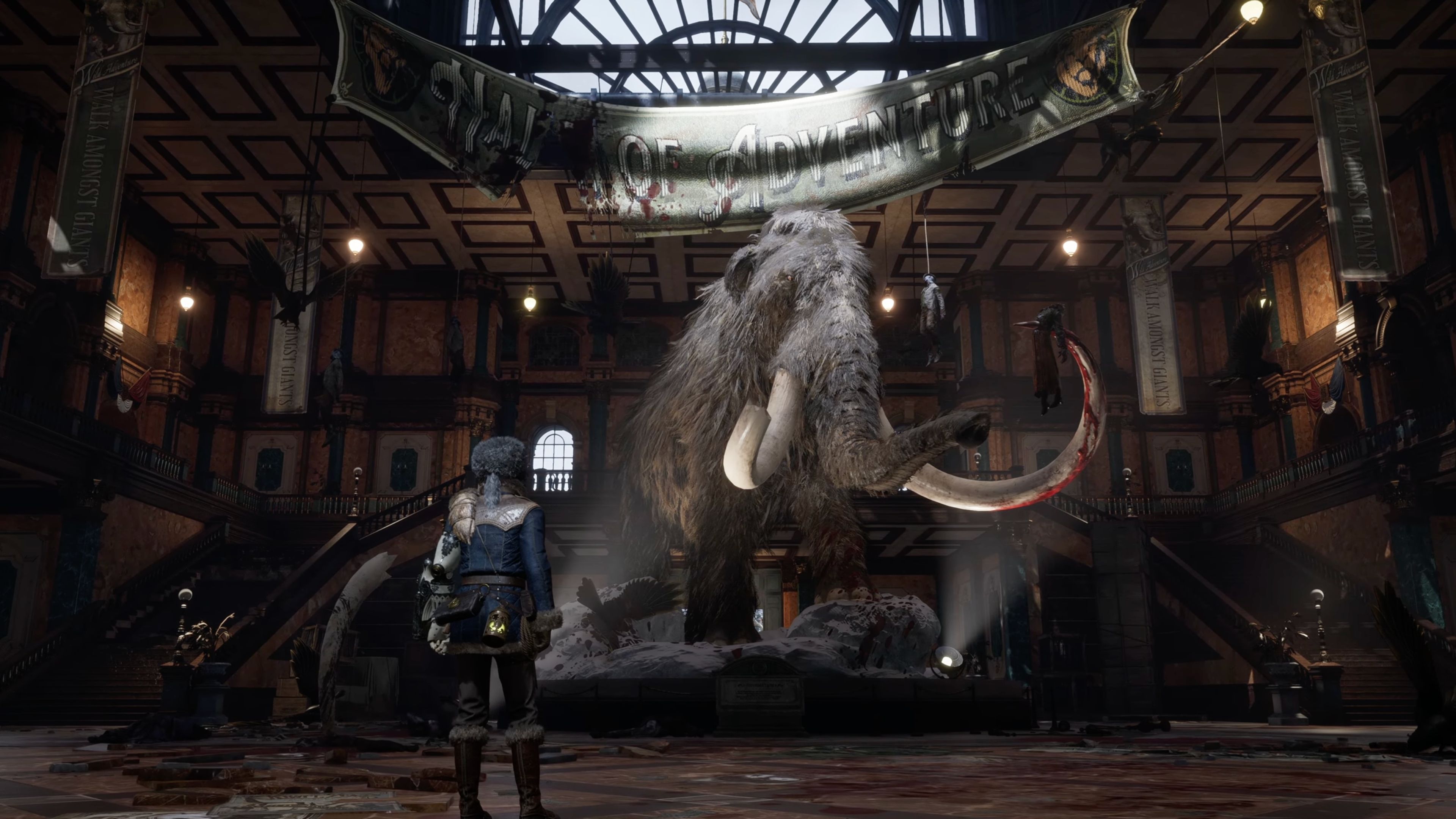 A gameplay screenshot of P looking at a mammoth in Lies of P: Overture.