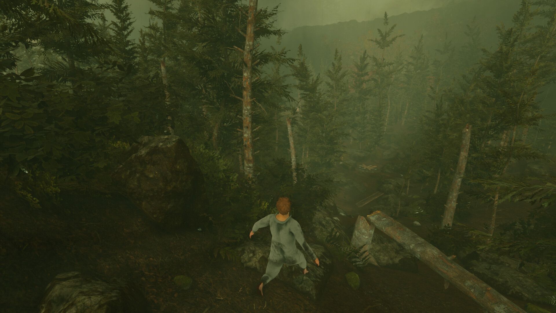 Nate walking in a forest in Baby Steps.