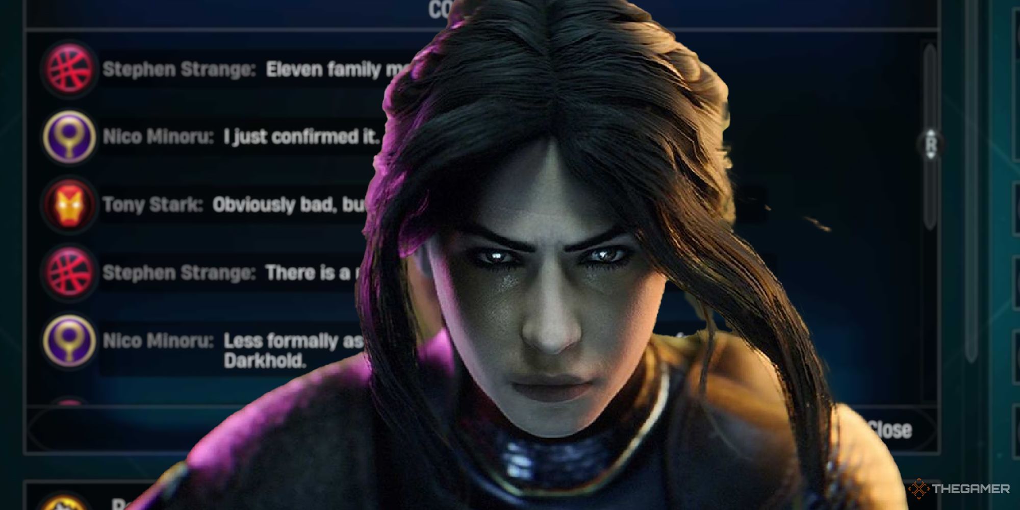 Midnight Suns' Lilith over superhero social media where Doctor Strange, Iron Man, and Nico Minoru are chatting