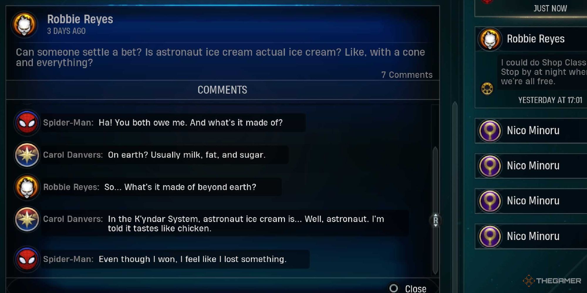 Captain Marvel explaining that astronaut ice cream is made out of astronauts in the K'yndar System on superhero social media