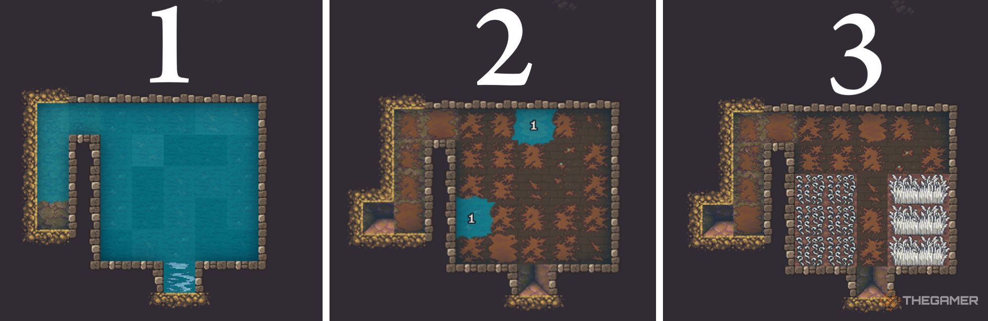 1: a flooded room - 2: the same room covered in mud - 3: a farm plot growing crops in the muddy room