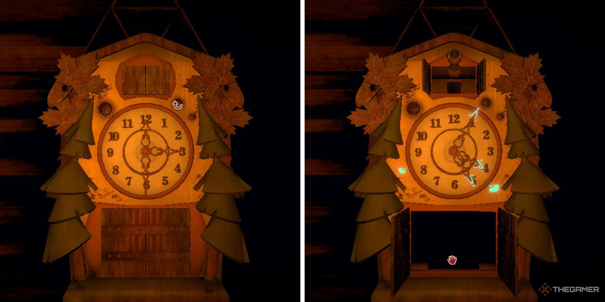 Split image of a woodland cuckoo clock, on one side a specific time is marked in glowing ink from Inscryption