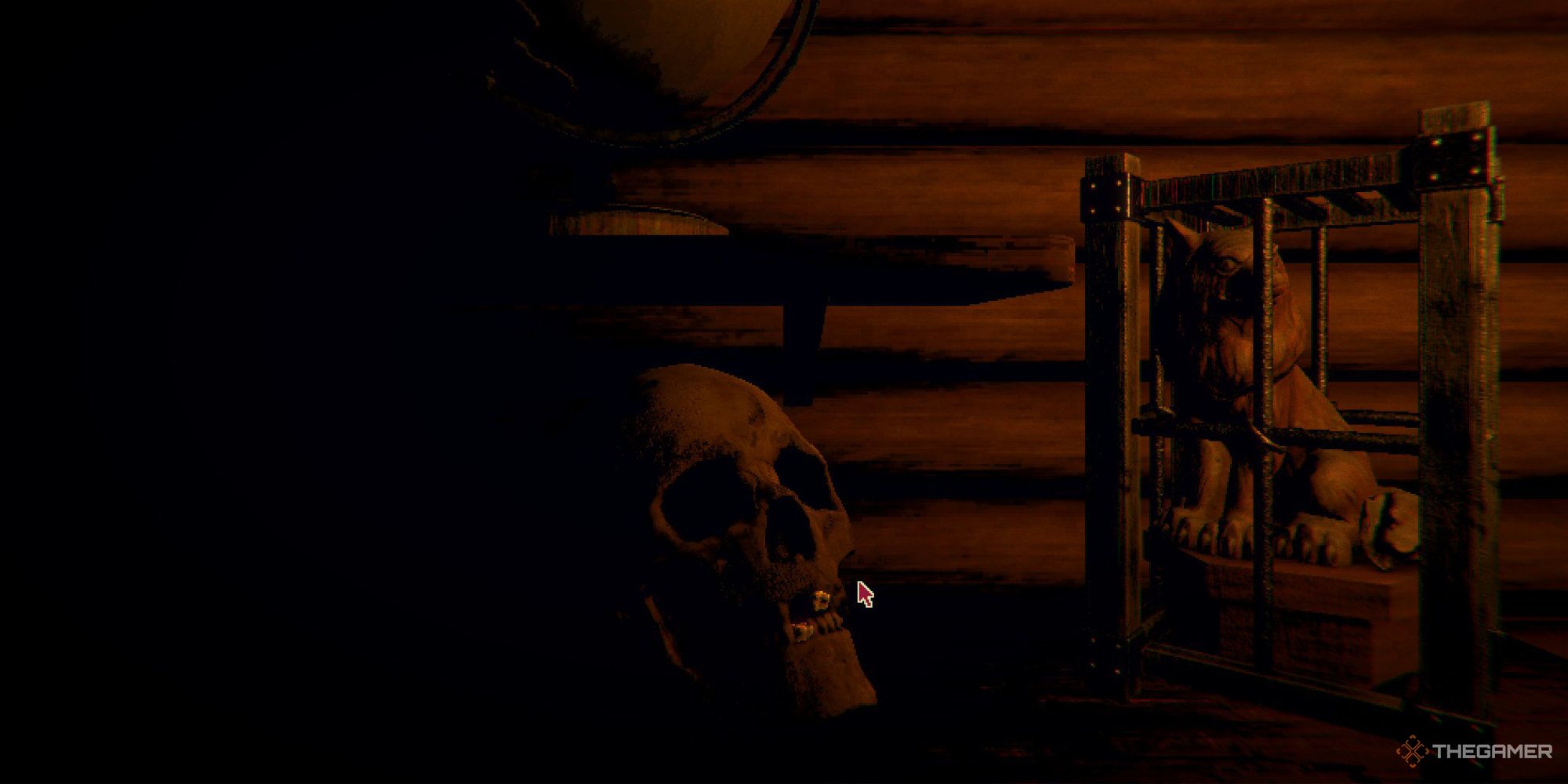 A Golden Tooth Skull next to a caged wolf carving from Inscryption