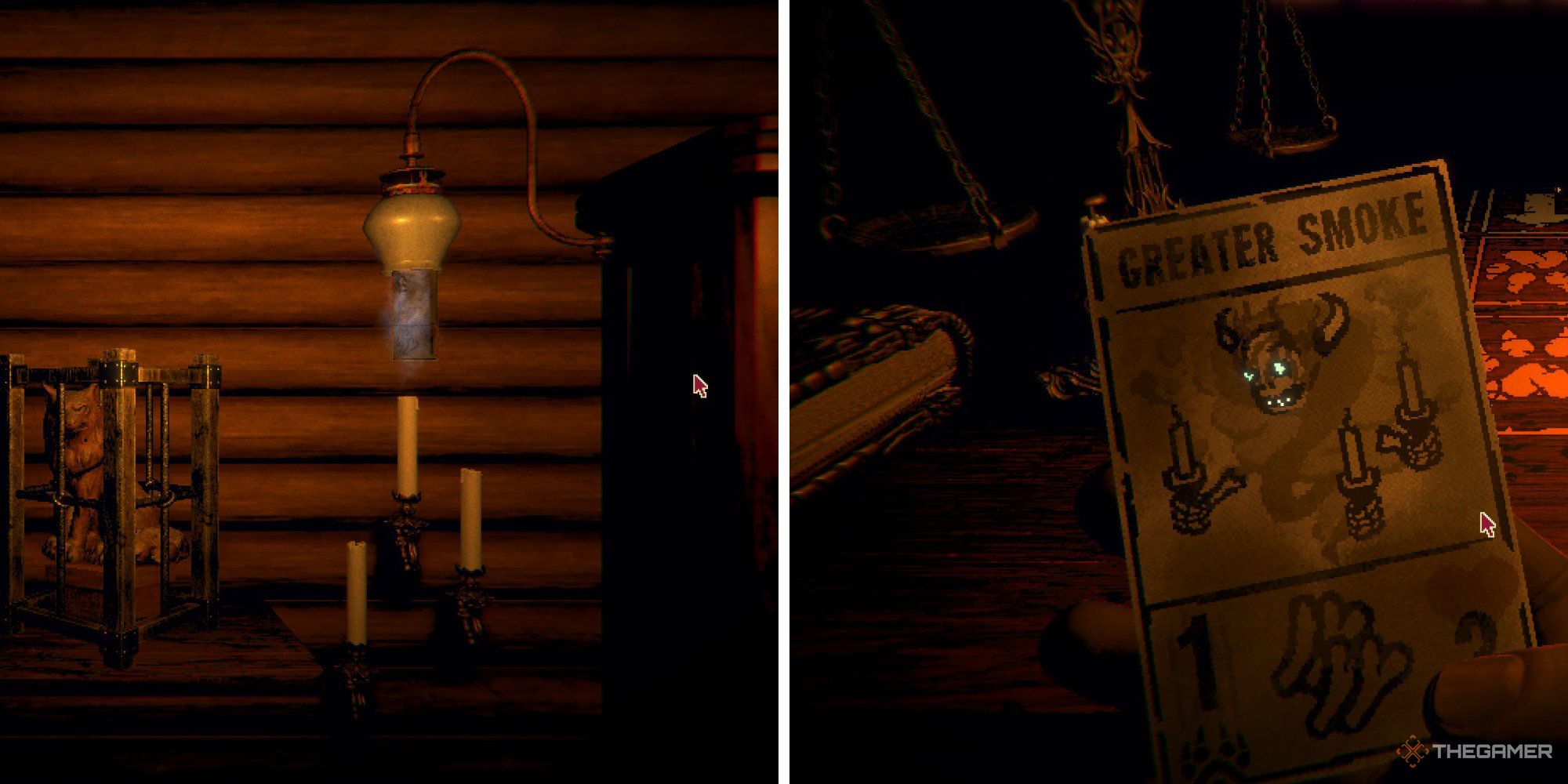 Split image of a recently put out candle and the Greater Smoke card from Inscryption