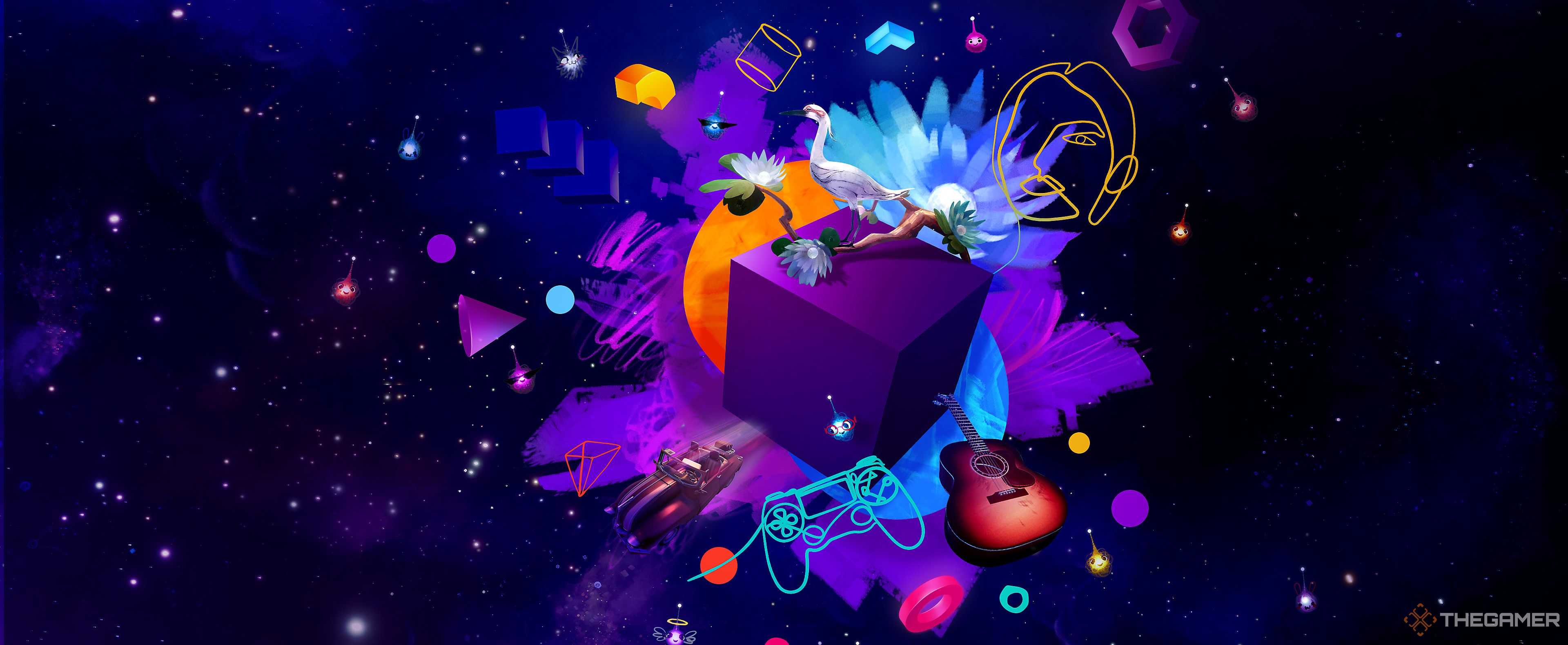 A cube, guitar, flowers, and controller outline floating in space with other shapes 