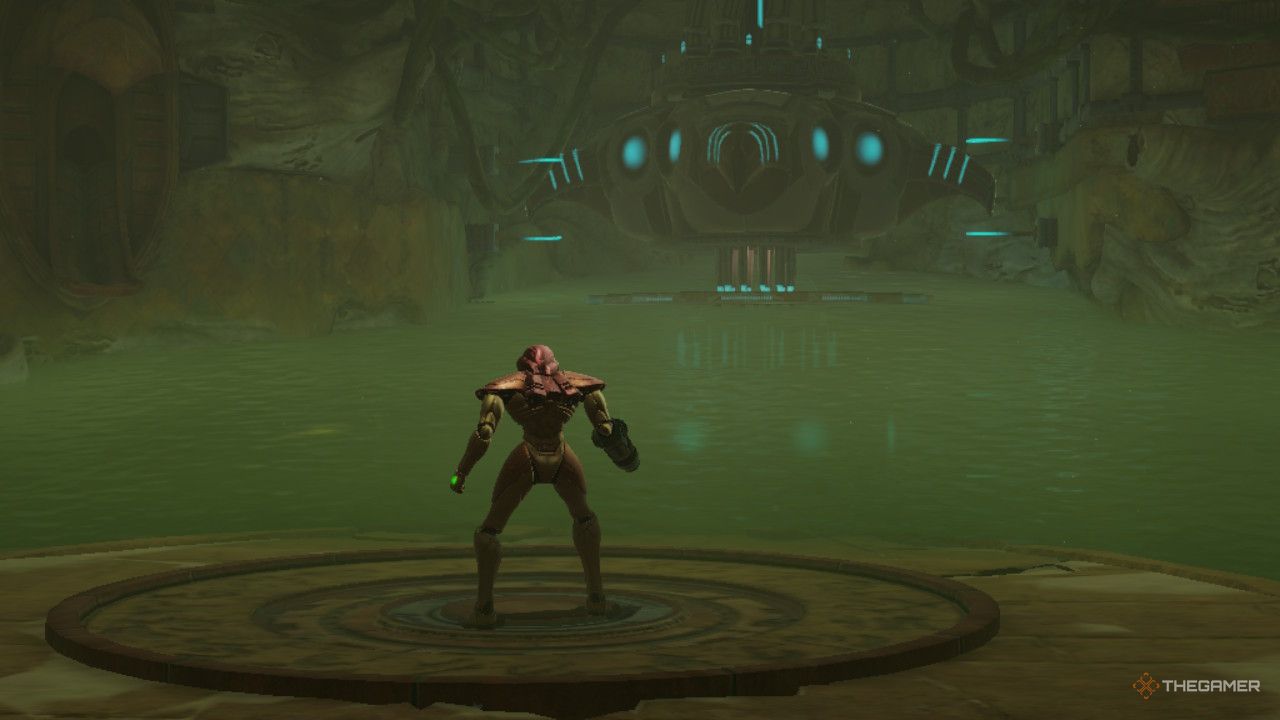 Samus faces off against the Hive Totem.
