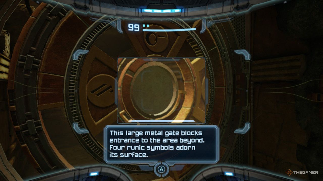 Samus scans the gate to the charge beam.