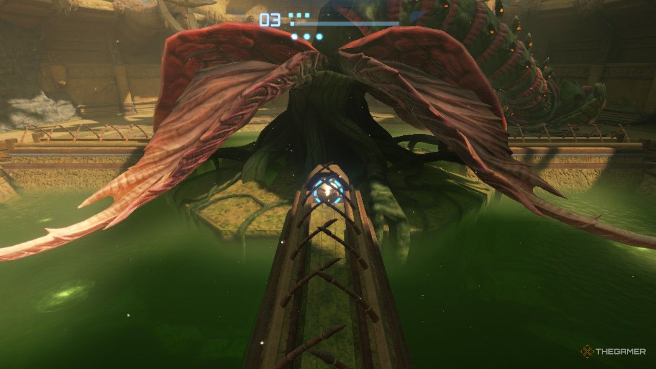 Samus prepares to drop a bomb on Flaahgra somehow.