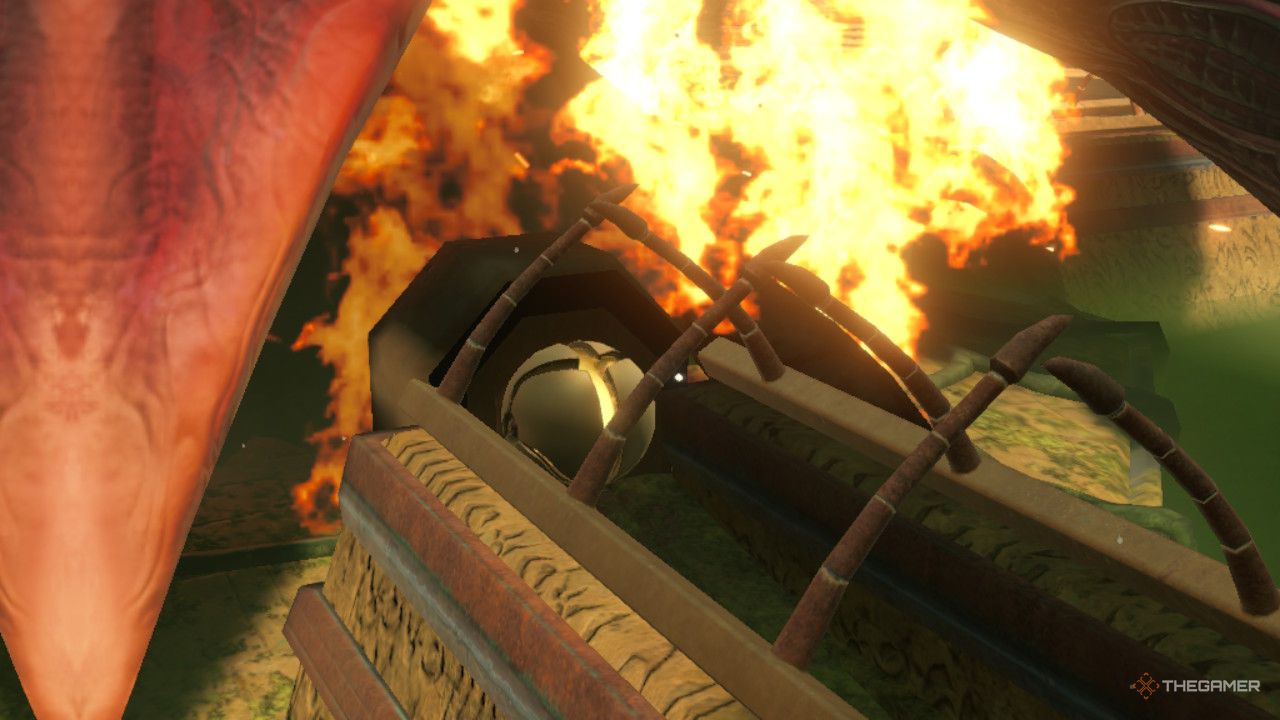 Flaahgra burns up from one of Samus's bombs.