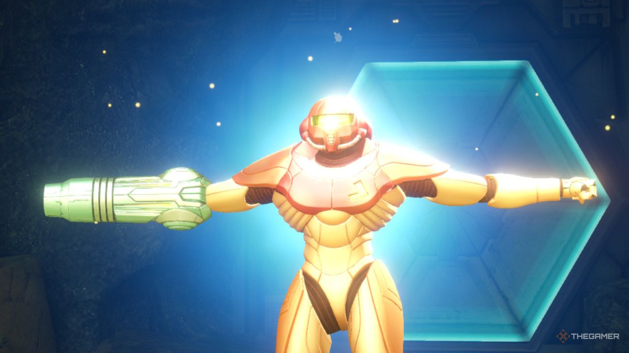 Samus transforms into the Varia Suit form.