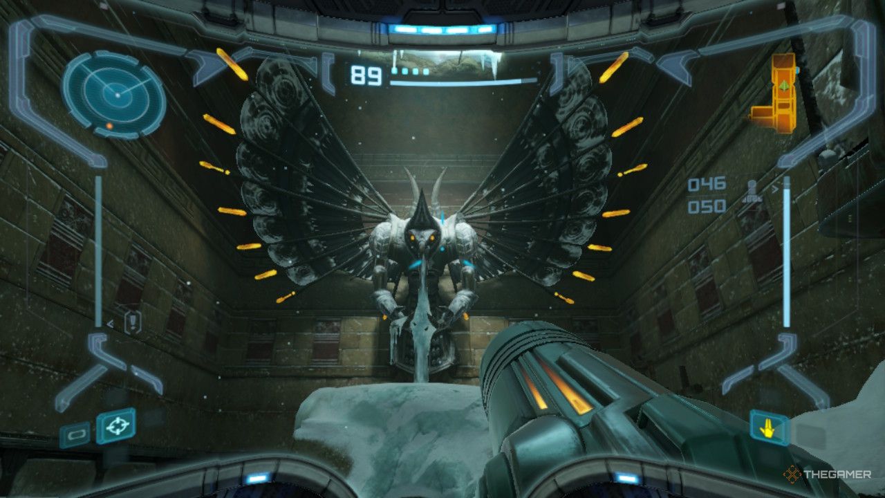 A Chozo statue in a temple before the Wave Beam.
