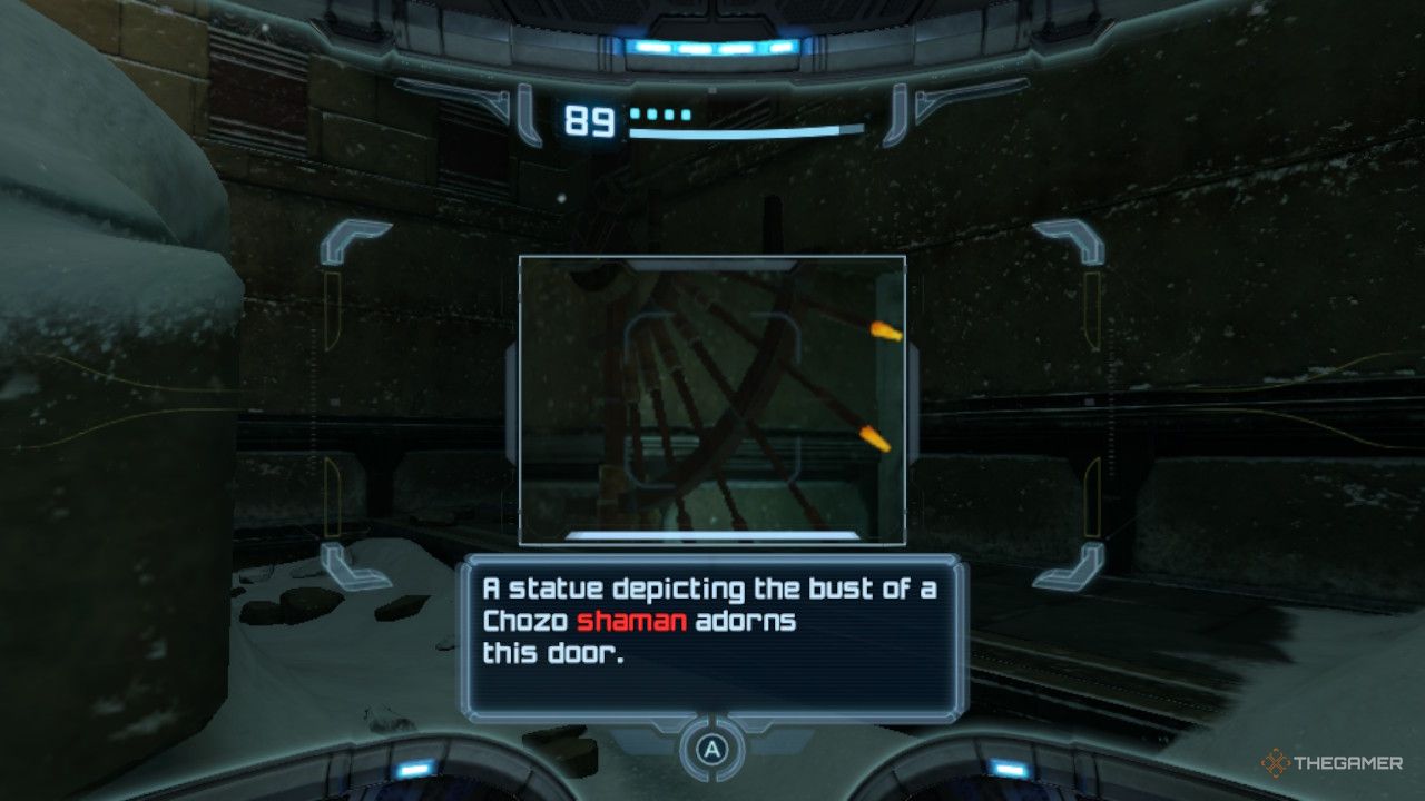 Scanning the Chozo gate reveals a clue of how to open it.