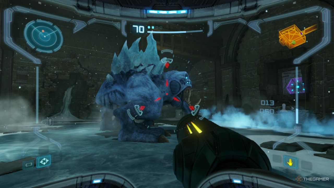 Samus fighting the giant sheegoth.