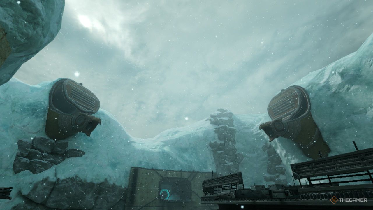 The spouts over the ruined courtyard opening.