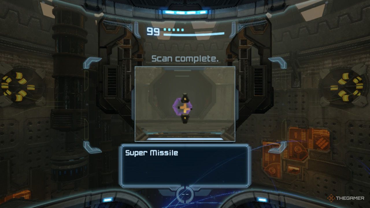 Samus scans the Super Missile from the save station.