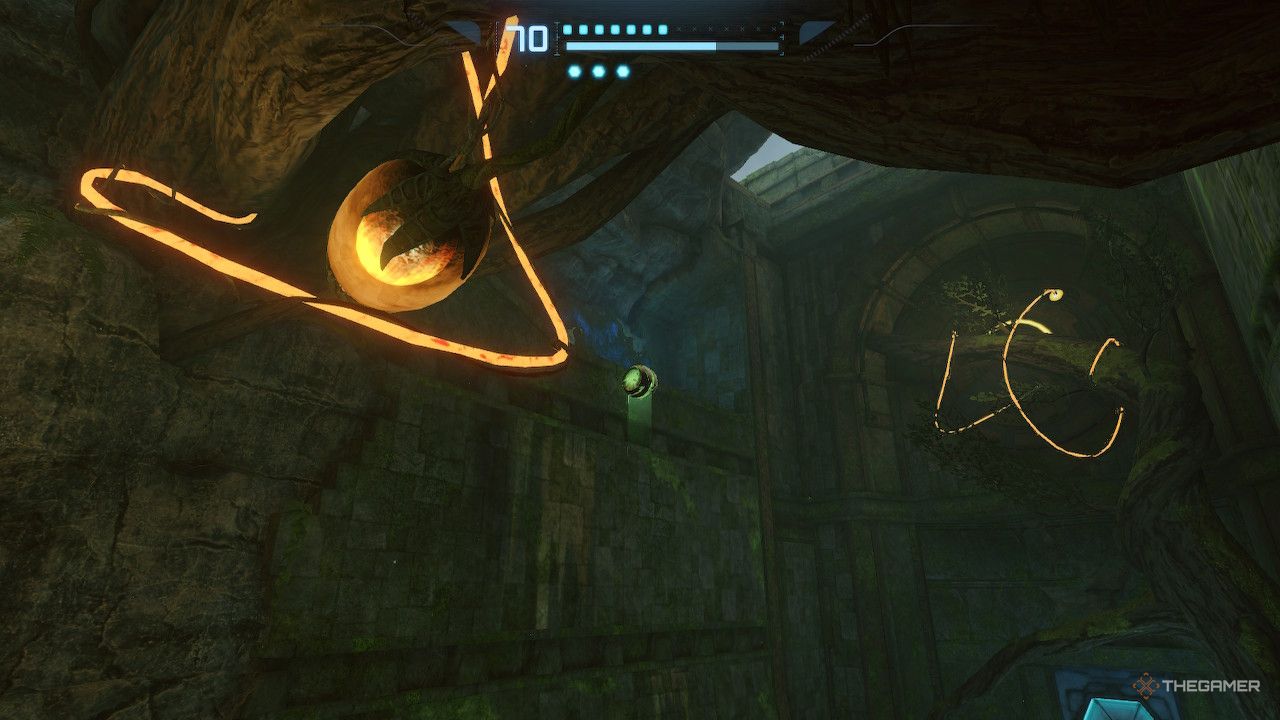 Samus boosts over a wall to access a path to the space jump boots.
