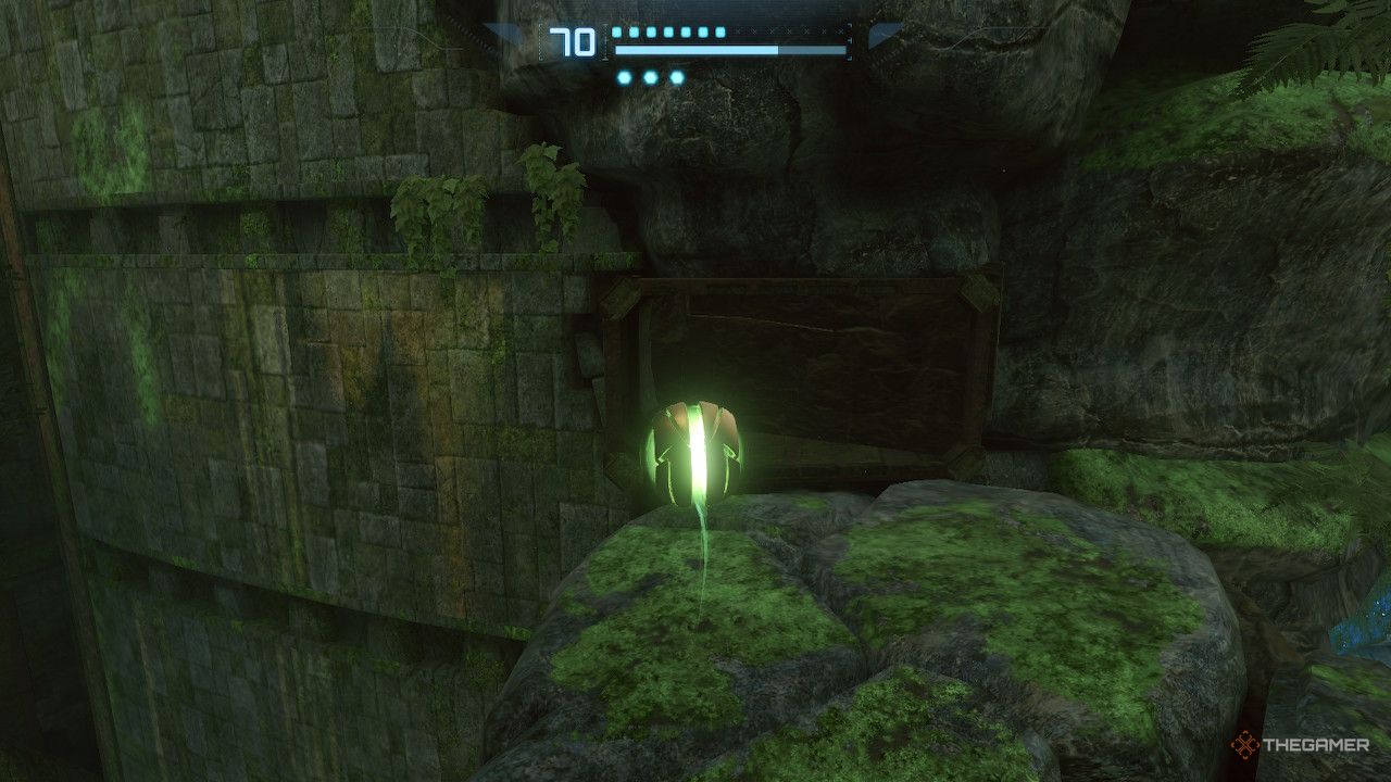 Samus finds a small piece of metal to blow up, opening a hidden path to the space jump boots.