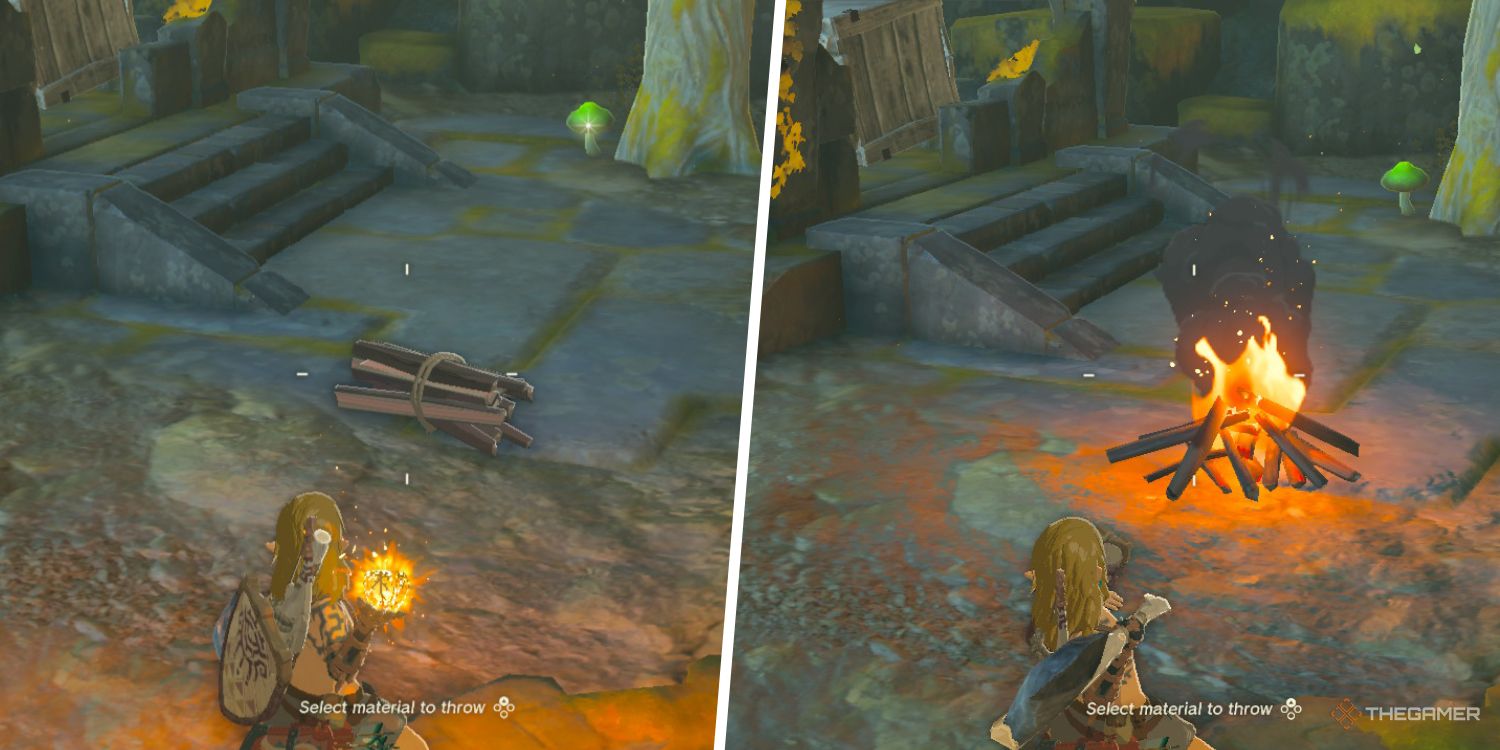 The Legend of Zelda Tears of the Kingdom Link throwing a fire fruit and a lit campfire