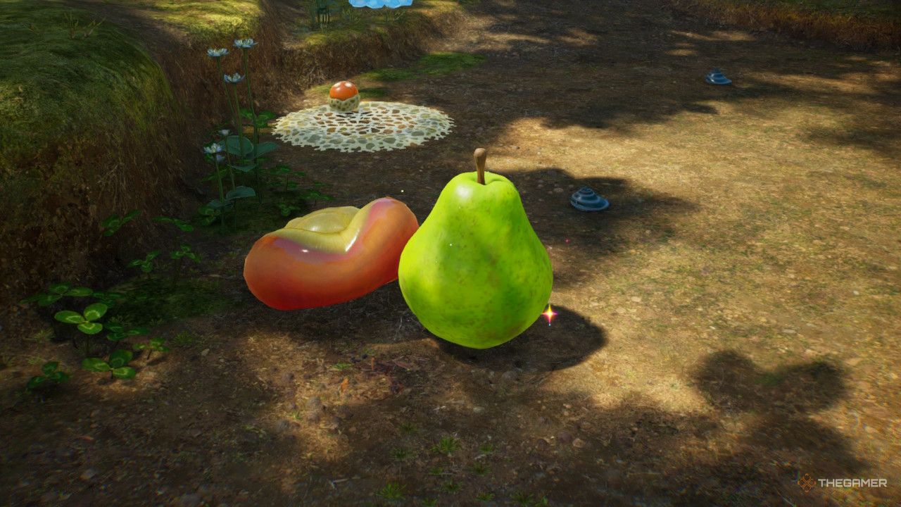 a pear by a dead mushroom enemy treasure in Pikmin 4