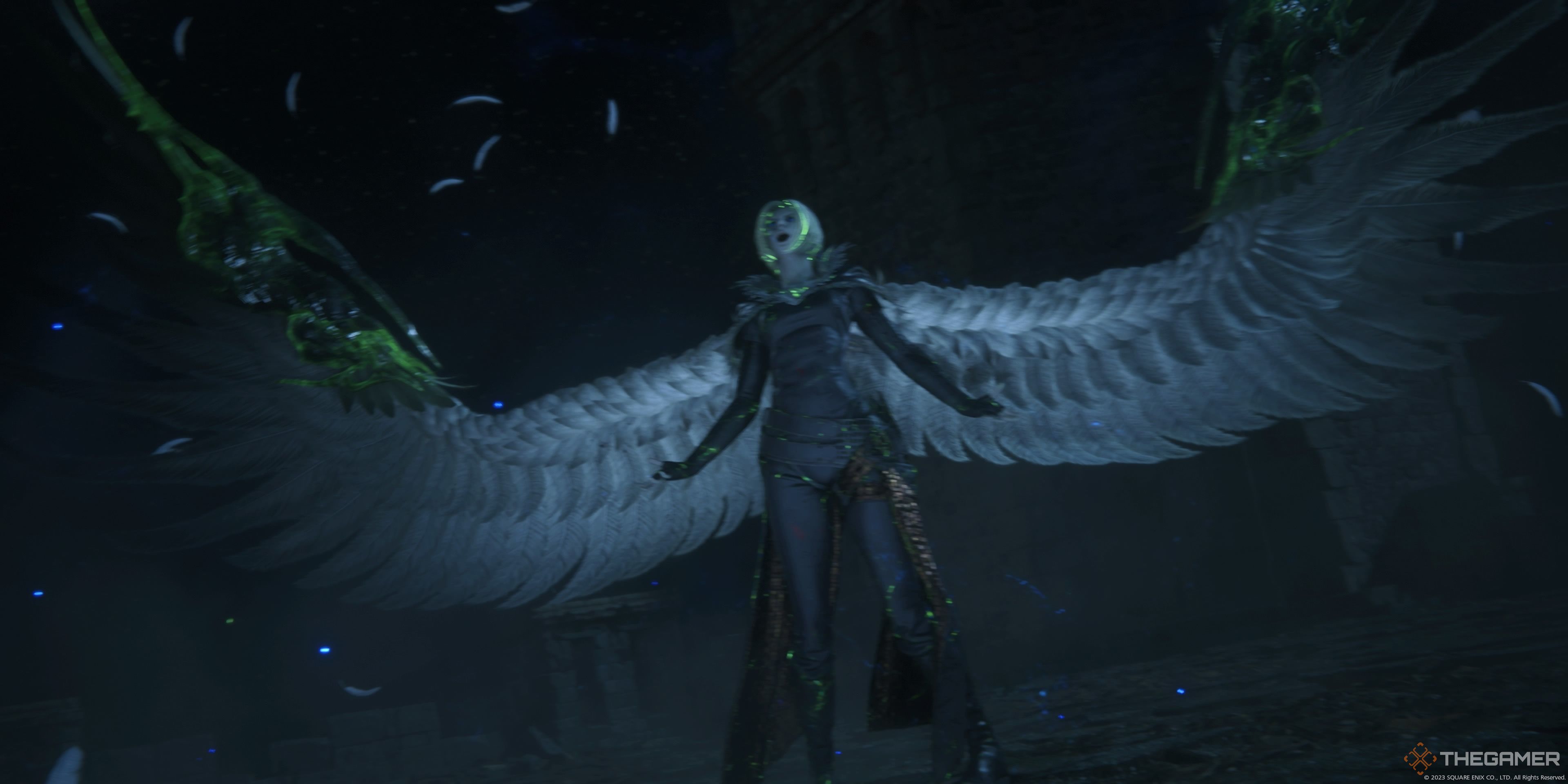 Benedikta the Dominant of Garuda in winged form during second phase of battle against Clive in Final Fantasy 16