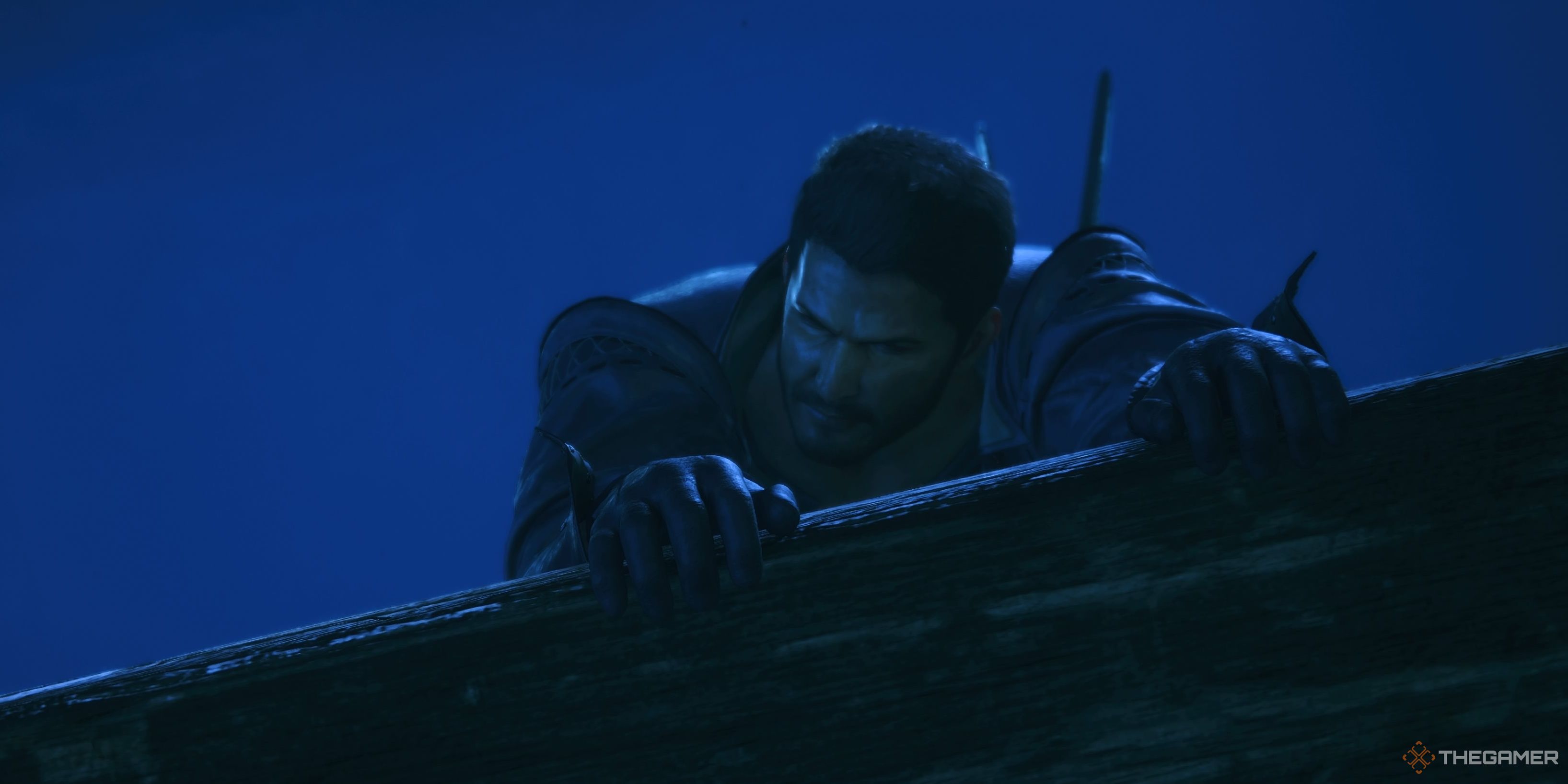 Cid hangs on the edge of a wooden bridge in Final Fantasy 16