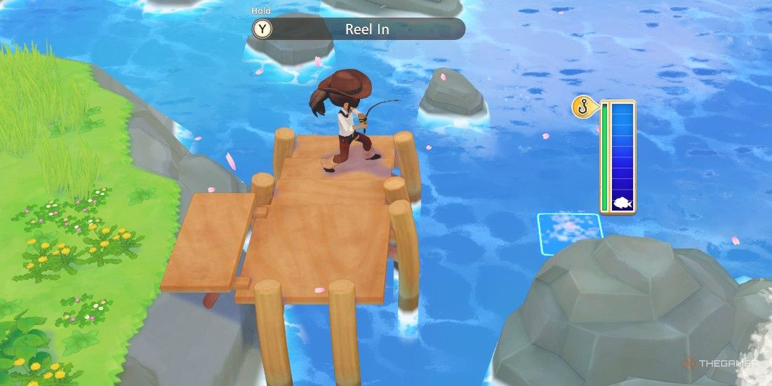 Protagonist fishes behind their house in SoS: Pioneers of Olive Town