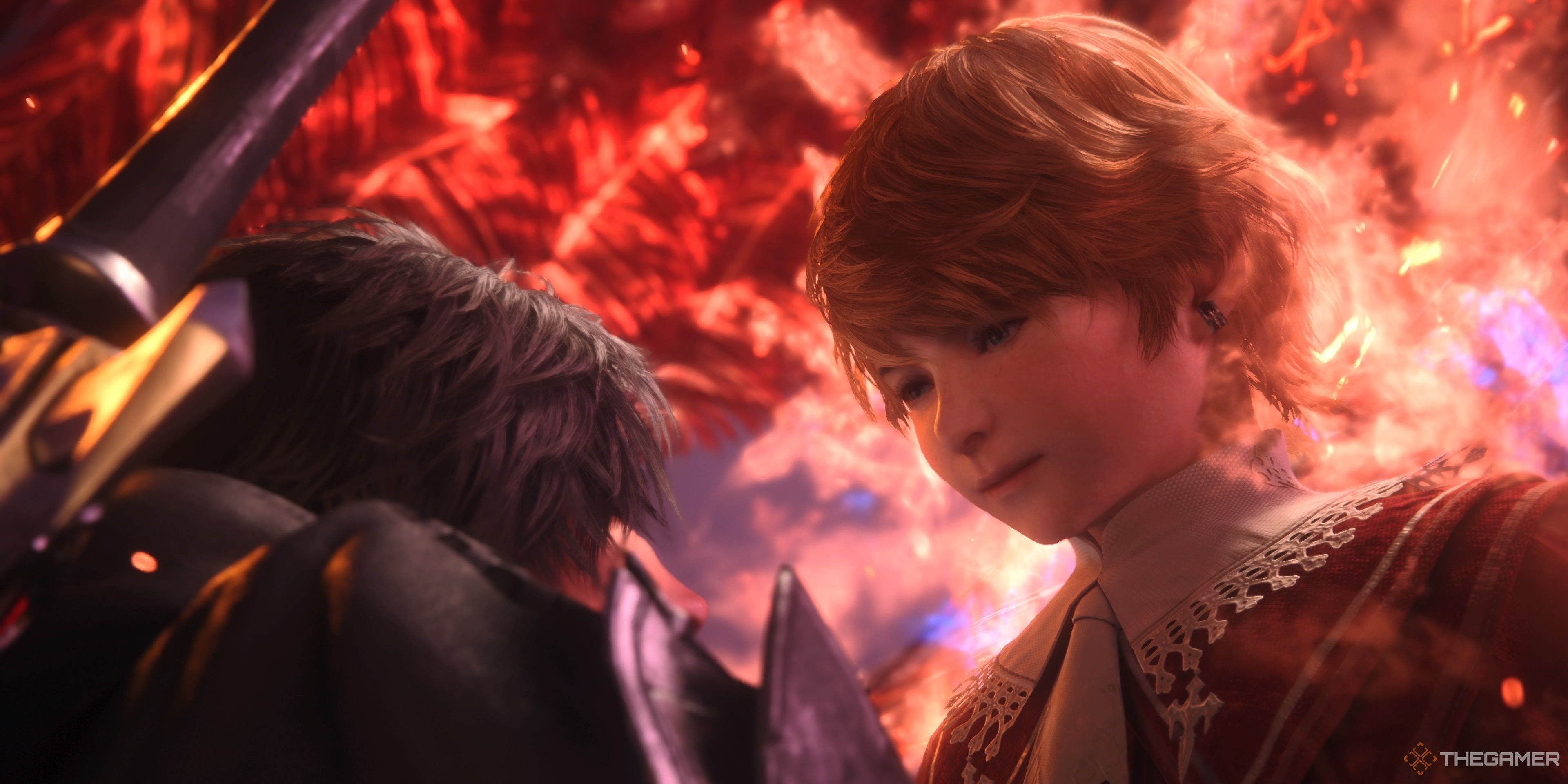 Young Joshua against a backdrop of fire in Clive’s memory in Final Fantasy 16