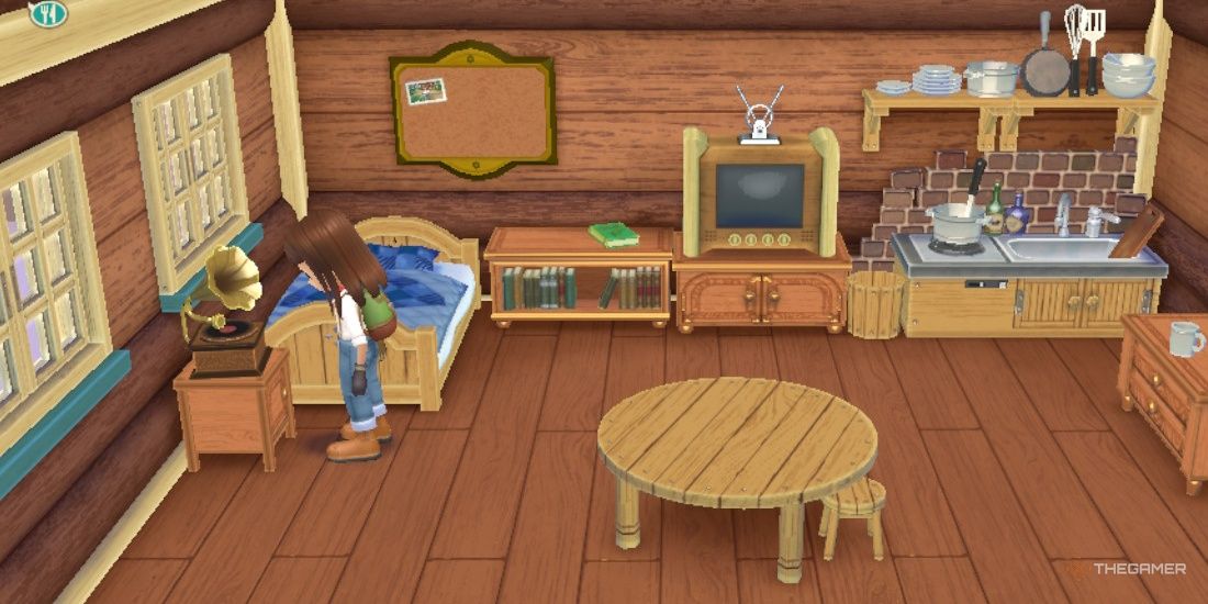 Protagonist stands in front of the record player in farmhouse in SoS: A Wonderful Life