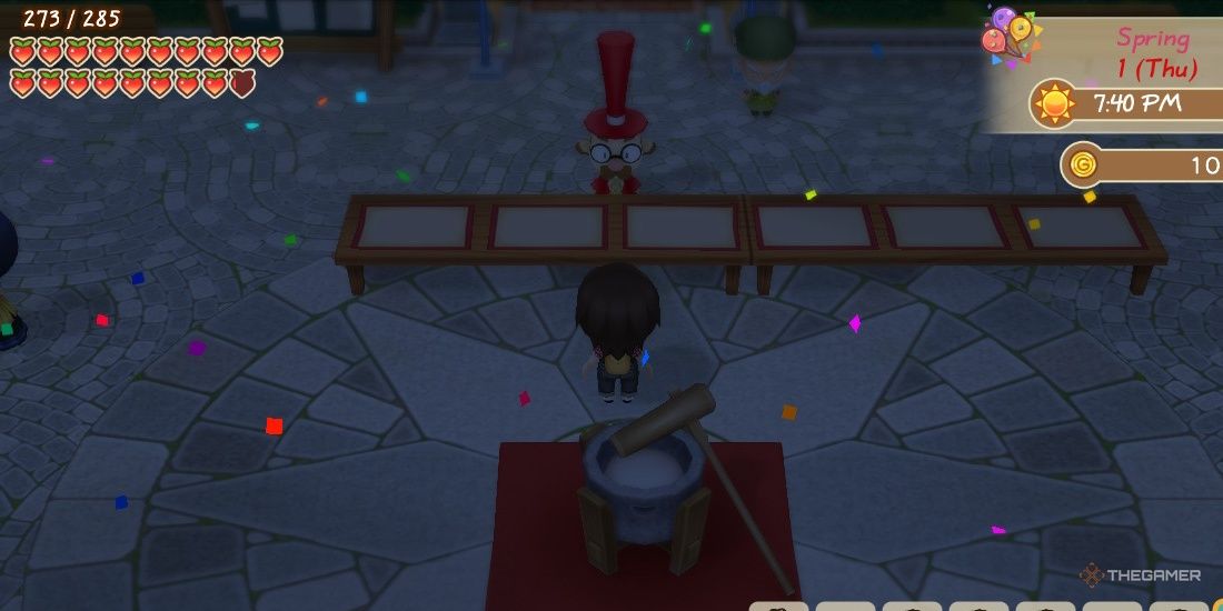Protagonist stands in Rose Plaza during the Mochi Festival in SoS: Friends of Mineral Town