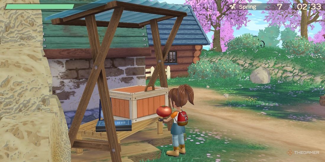 Protagonist holds a tomato next to the shipping bin in SoS A Wonderful Life