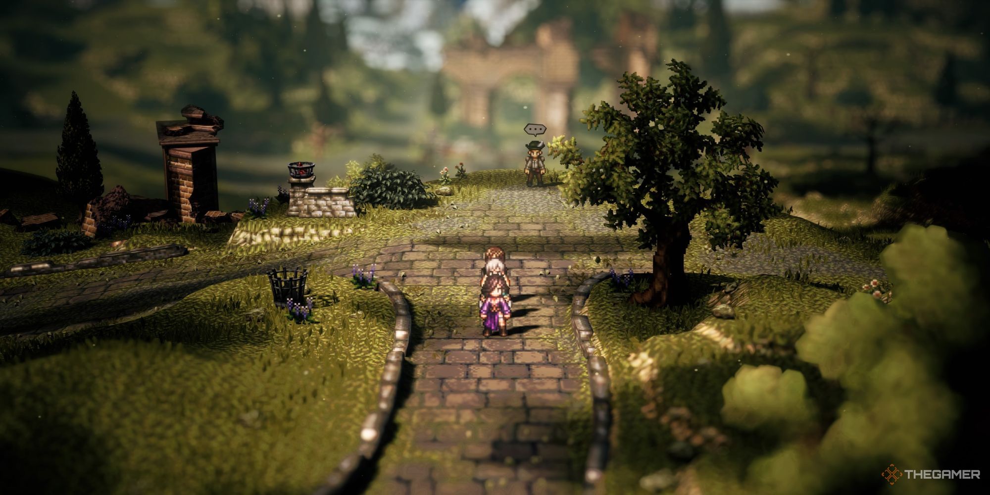 Throne on a stone path in the Brightlands in Octopath Traveler 2
