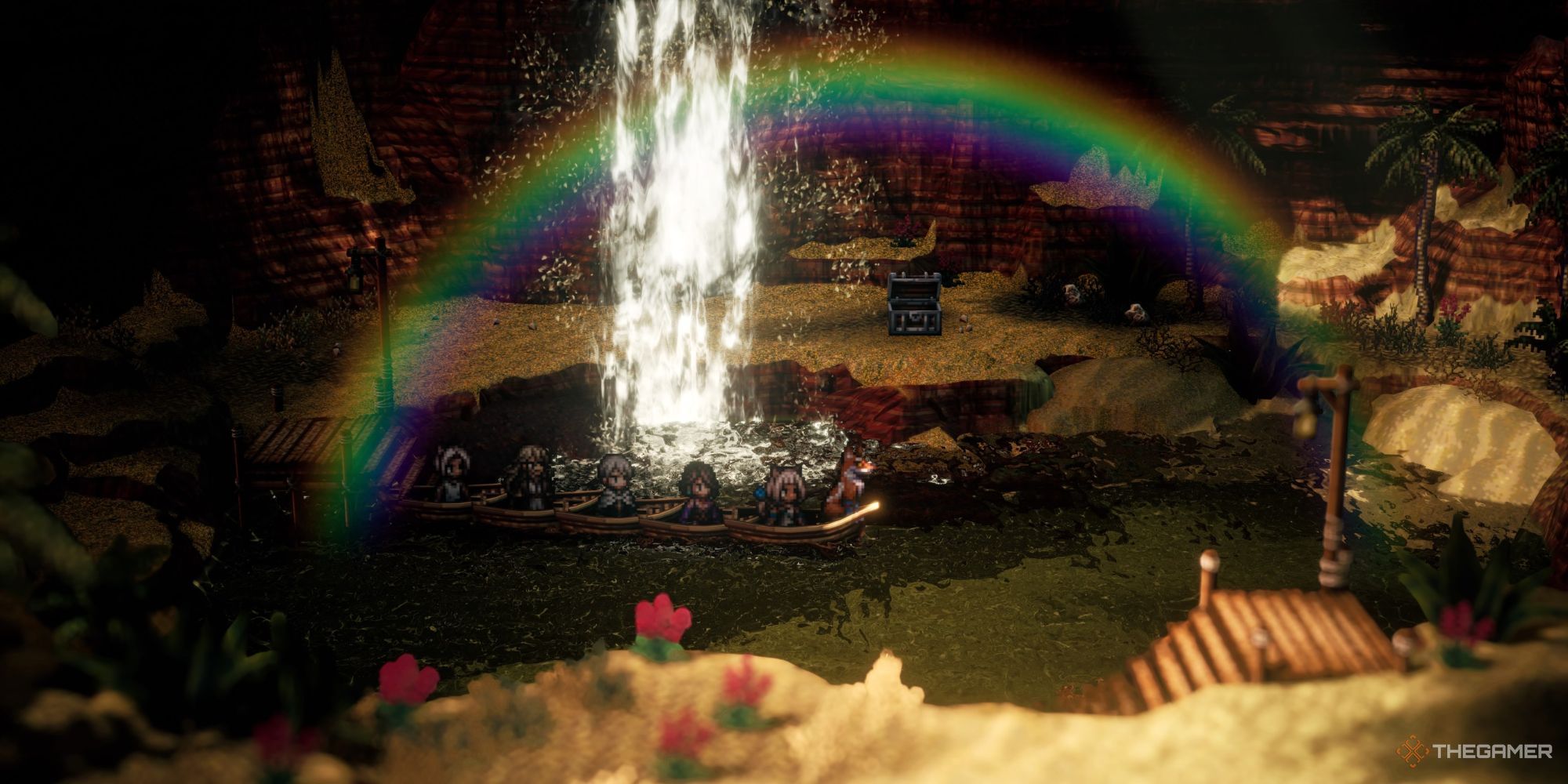 Rainbow over water in Hinoeuma in Octopath Traveler 2