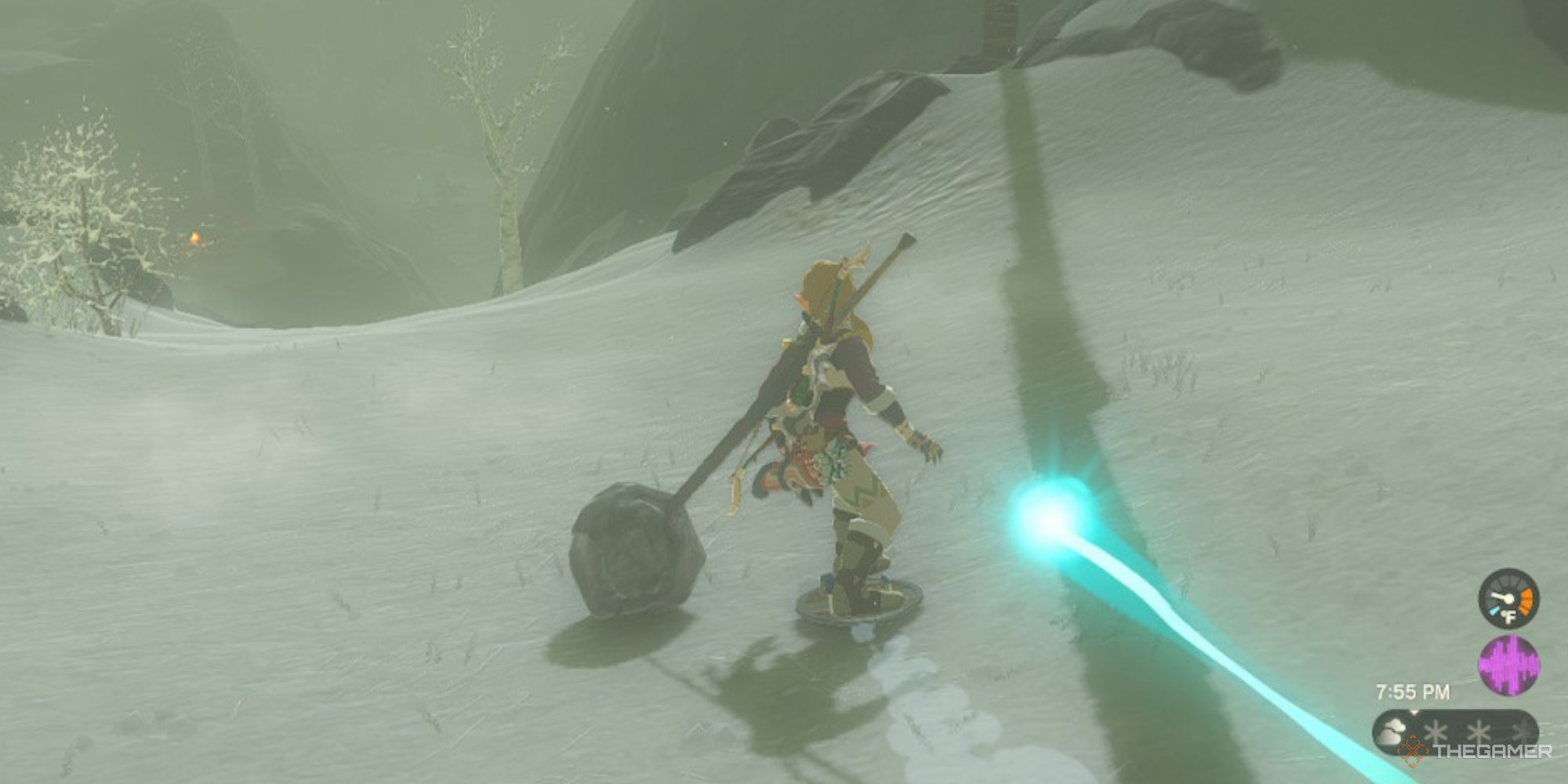 Link shield surfs in Hebra in The Legend of Zelda: Tears of the Kingdom