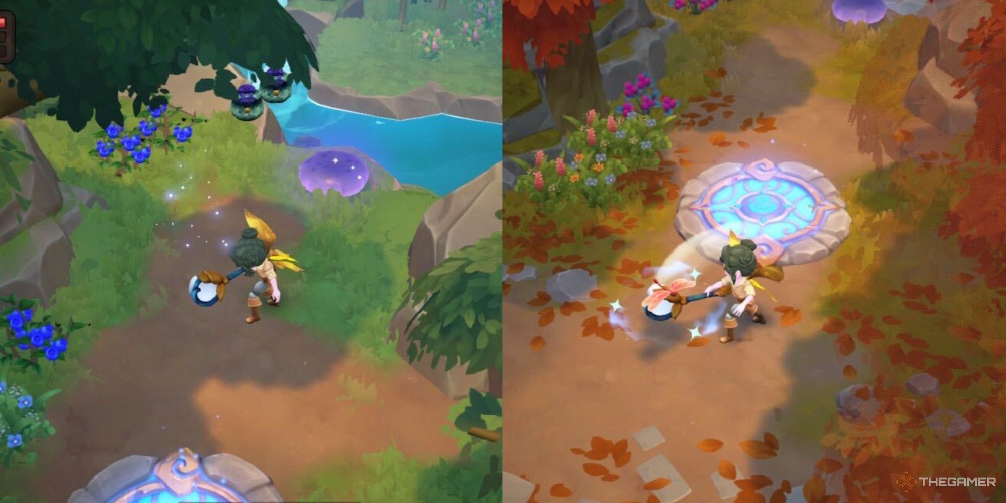 a farmer in the same location during the summer and again in the autumn fae farm seasons