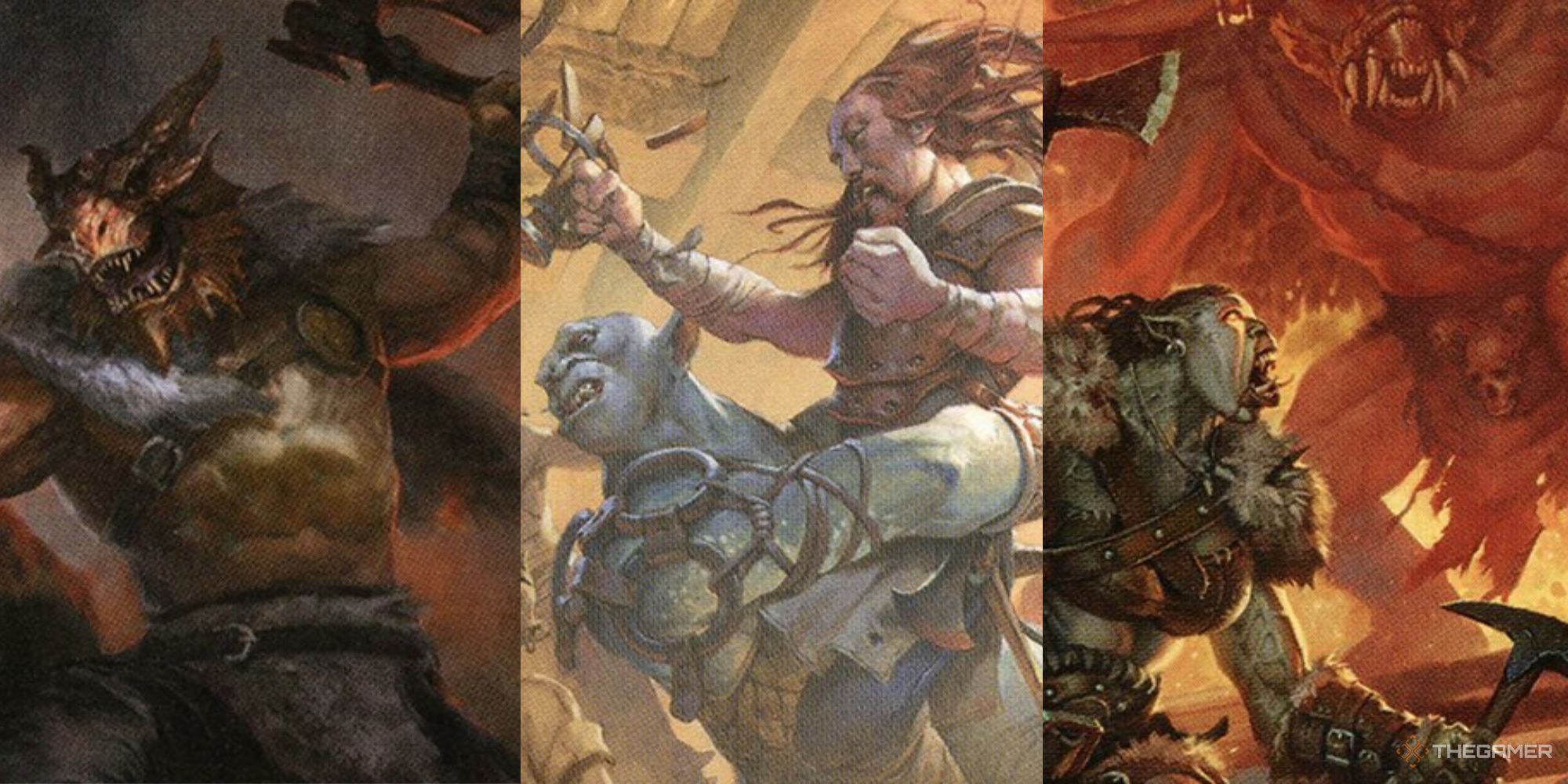A collage of three different images of barbarians in the midst of battle