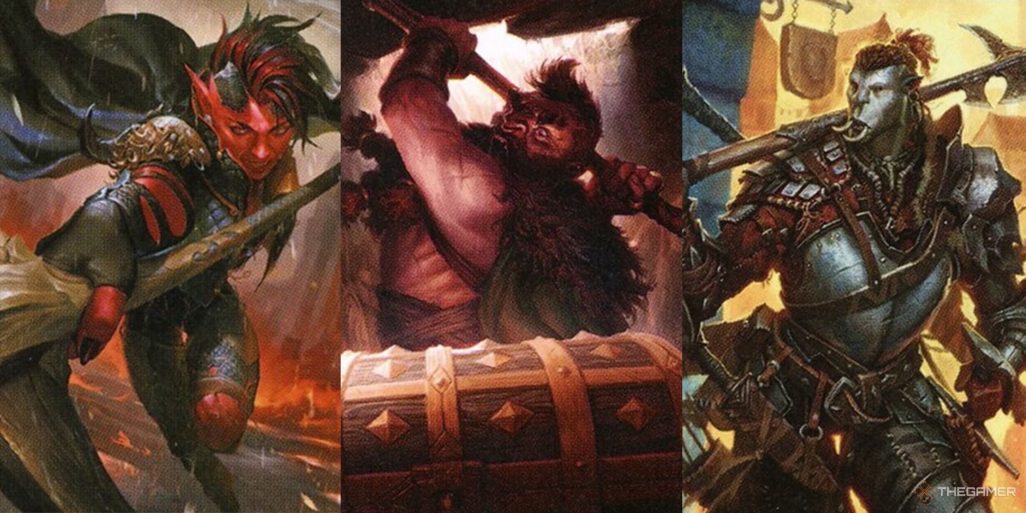 A Collage of three different images of barbarians, a tiefling, a dwarf, and an orc.